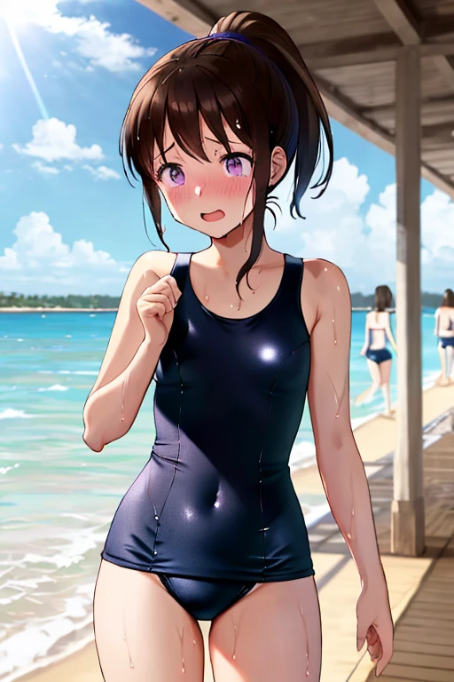 ((top-quality))、((masterpiece))、1girl in、Formal-up、beautiful detailed eyes and face、pretty skin、Realistic、a very cute、22year old、School swim wear(Dark blue color、Simple design、Matte texture、Wrinkle、Wet、Polyester material、shadings、)Wet body、Anime Face、Beautie、Facing the front、big eye(Beautiful fece、Anime Face、Clear eyes、Fine details、beautidful eyes)Well-formed face(Beautiful nasal muscles、Perplexed、sharp mouth)full of sweat、sodden、Wet feeling、Background with(sunny sky、takeout)、8K picture quality、perfectly proportions、A slender、red blush、female focus on, hair adornments,length hair, Look at viewers,((pee))((pissing))((water dripping))