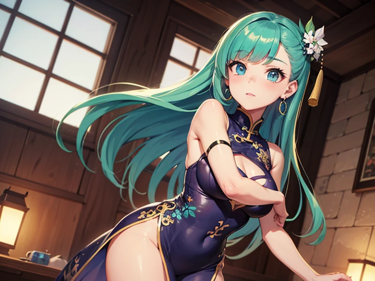 masterpiece, tiki fe, 1girl, solo, looking at viewer, seductive smile, detailed face, red leotard, barefeet, tiara, squatting, arms behind head, armpits, huge breasts, muscular, abs