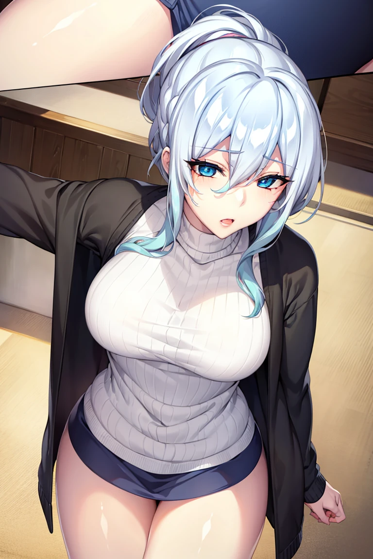 Yukio Yukino, Yuna Yukino, Long hair, Bangs, Blue eyes, hair between eye, Blue hair, Ponytail,BREAK skirt, Long sleeves, Black skirt, Sweaters, turtle neck, Ribbed sweater, White sweater, Cardigan, Blue cardigan, open cardigan,looking at the viewers, (Cowboy Shot:1.5),BREAK (masutepiece:1.2), Best Quality, High resolution, Unity 8k壁纸, (Illustration:0.8), (Beautiful detailed eyes:1.6), extra detailed face, Perfect Lighting, extremely details CG, (Perfect hands, Perfect Anatomy),、(Skirt lift:1.3), (white panties:1.3)、(Skirt that rolls up:1.3)、(Fully exposed panties:1.5)、,(shirts lift:1.3),(Bra is fully exposed:1.5),(White bra:1.3),独奏、(outside of house、plein air)