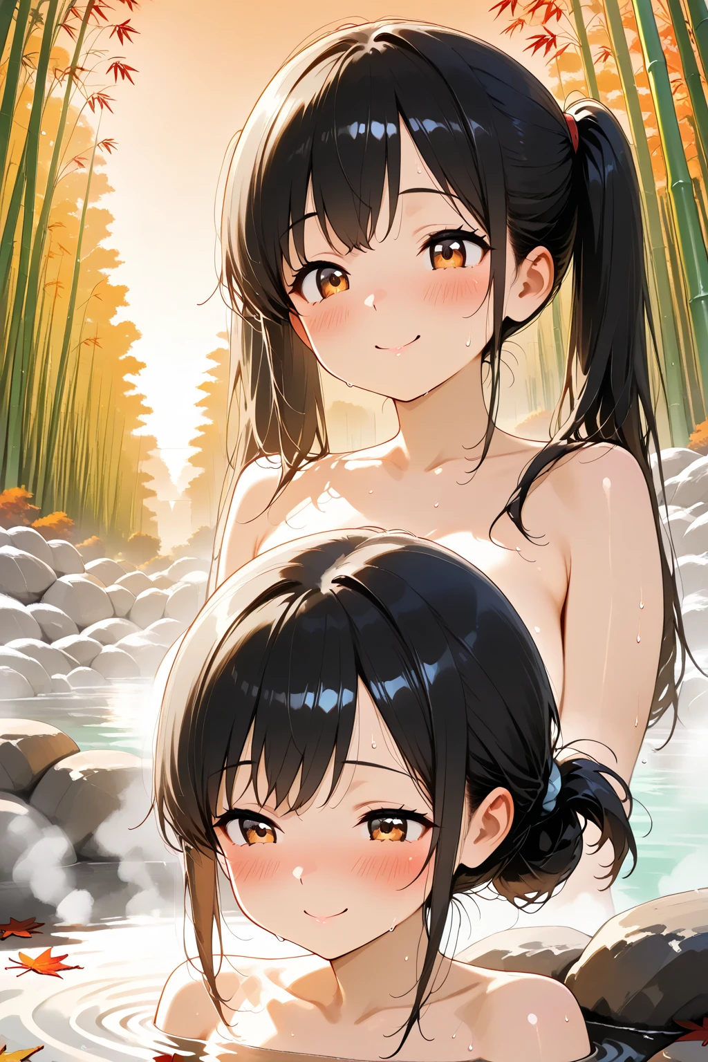 Megumin, Card Captor Sakura_Sakura Kinomoto, Two Women, Naked and embracing, Massage the breasts、hot spring, NSFW, collar, UHD, retina, masterpiece, ccurate, anatomically correct, textured skin, super detail, high details, high quality, best quality, highres, 4K