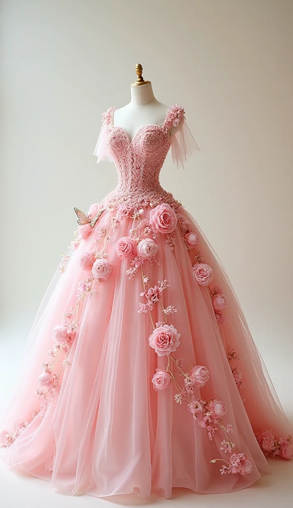 A dress transparent, glass, pink, gem, details, detailed scene, magical items, highly detailed scene, masterpiece, 3D, sculptural, textured, handmade, vibrant, fun, Textured, distressed, vintage, edgy, dirty, noisy