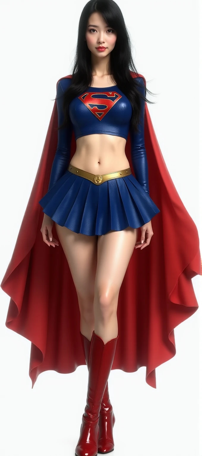 A FULL BODY VIEW OF A SEXY TEEN FEMALE WITH (GIGANTIC BREASTS:9.8) DREAMY BLUE EYES AND MEDIUM MESSY GOLDEN BLONDE HAIR WEARING A CLASSIC WHITE LONG-SLEEVED CROP=TOP SUPERGIRL COSTUME, A SHORT BLUE PLEATED SKIRT WITH A YELLOW SUPERGIRL BELT, RED HIGH HEELED SUPERGIRL BOOTS, AND SHORT RED SUPERGIRL CAPE WITH YELLOW TRIM. INCREDIBLY DETAILED SKIN, INCREDIBLEY DETAILED FACE, INCREDIDBLEY DETAILED CLOTHING, TEXTURED SKIN PORES, TEXTURED HAIR, 8K ABSURD RESOLUTION, MASTERPIECE.