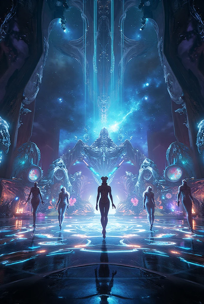 Colossal Bioluminescent Quetzalcoatlian AI Mayan Vimana Fractalien Sentient Starship, hyperdetailed, hypermaximalist, impressive, harmonic, lightbringers, cosmic ancesters arriving to Earth
