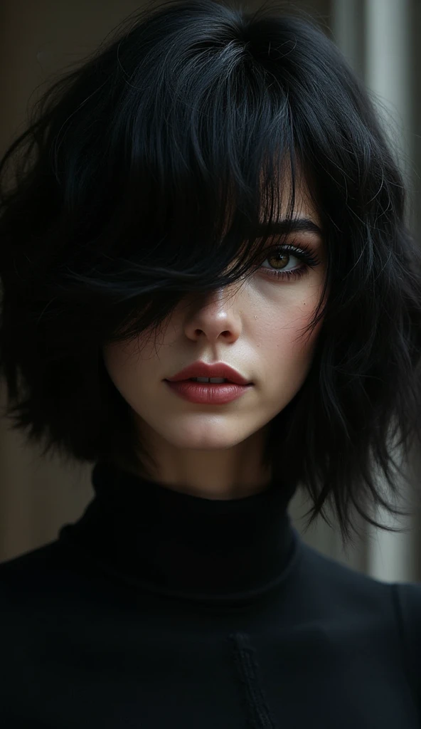 a woman with a dark hair and a gray sweater standing in a forest, short dark hair, with short hair, messy black bob hair, black hair in a rough , girl with black hair, short black hair, black short hair, short messy hair, woman with black hair, black messy hair, photo of a beautiful woman, short dark haircut, short hair, 