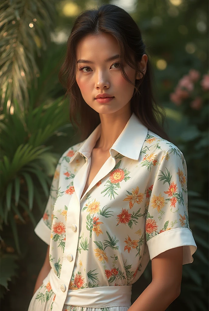 Make a realistic image of a woman modeling a collared shirt, Hawaiian ...
