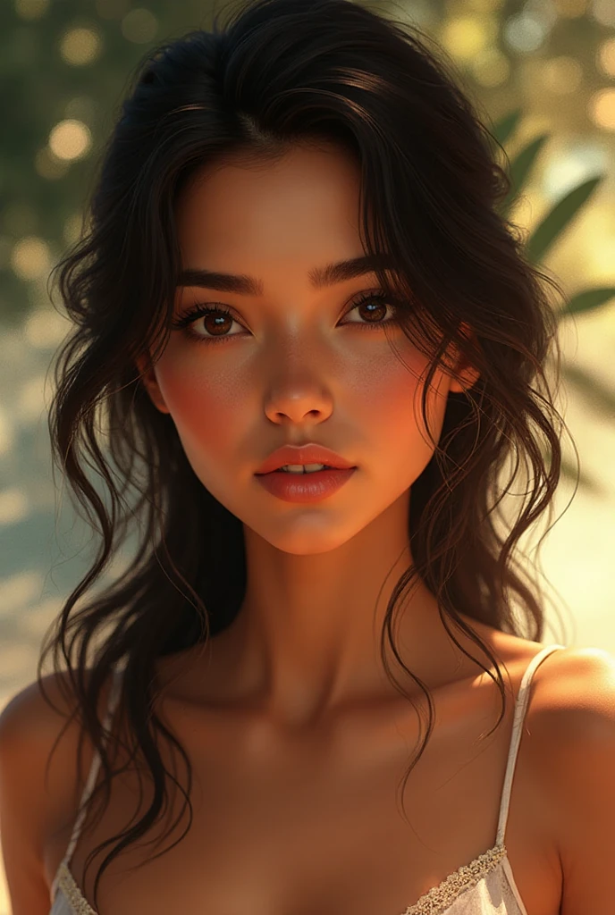 Beautiful woman, 19 years old, white skin, slightly tanned, full red lips, long black hair, large breasts, slim and athletic .Her hair is long and wavy. Slightly brown earth-colored eyes. His eyes are almond-shaped. 
