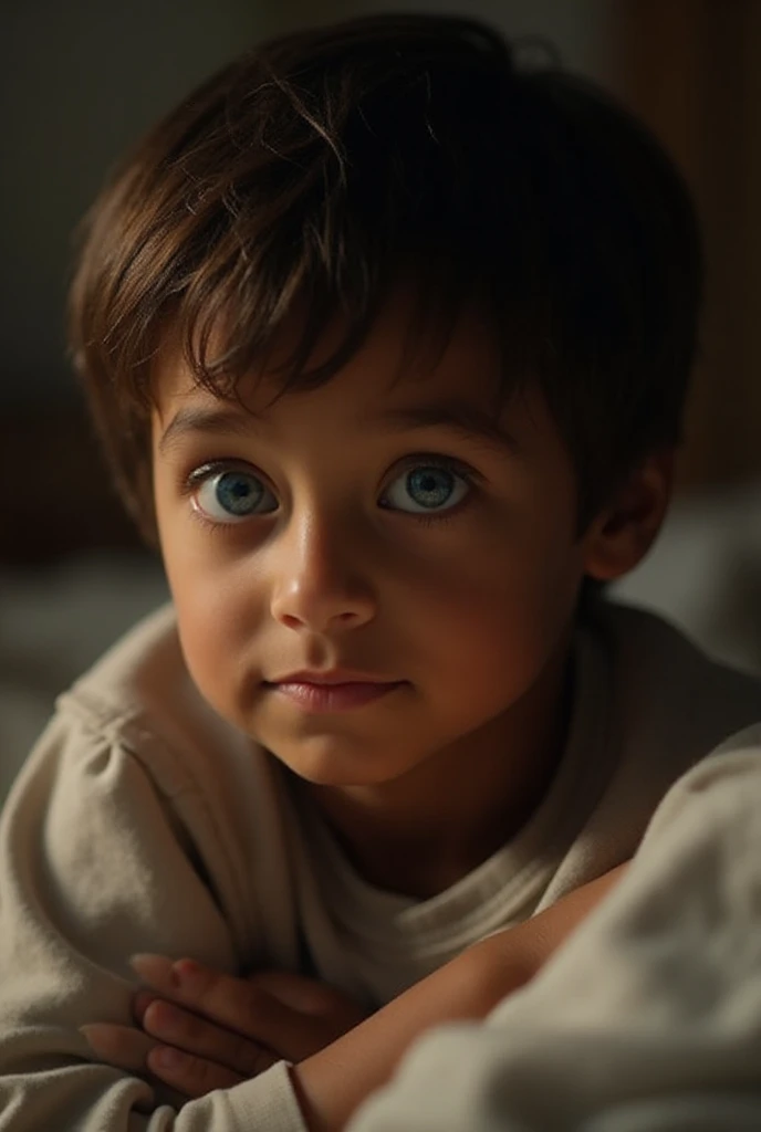 menino: Miguel, cerca de 5 anos de idade, Cabelo curto no estilo Disney, olhos azul, no lado de fora de casa, olhando pra cima