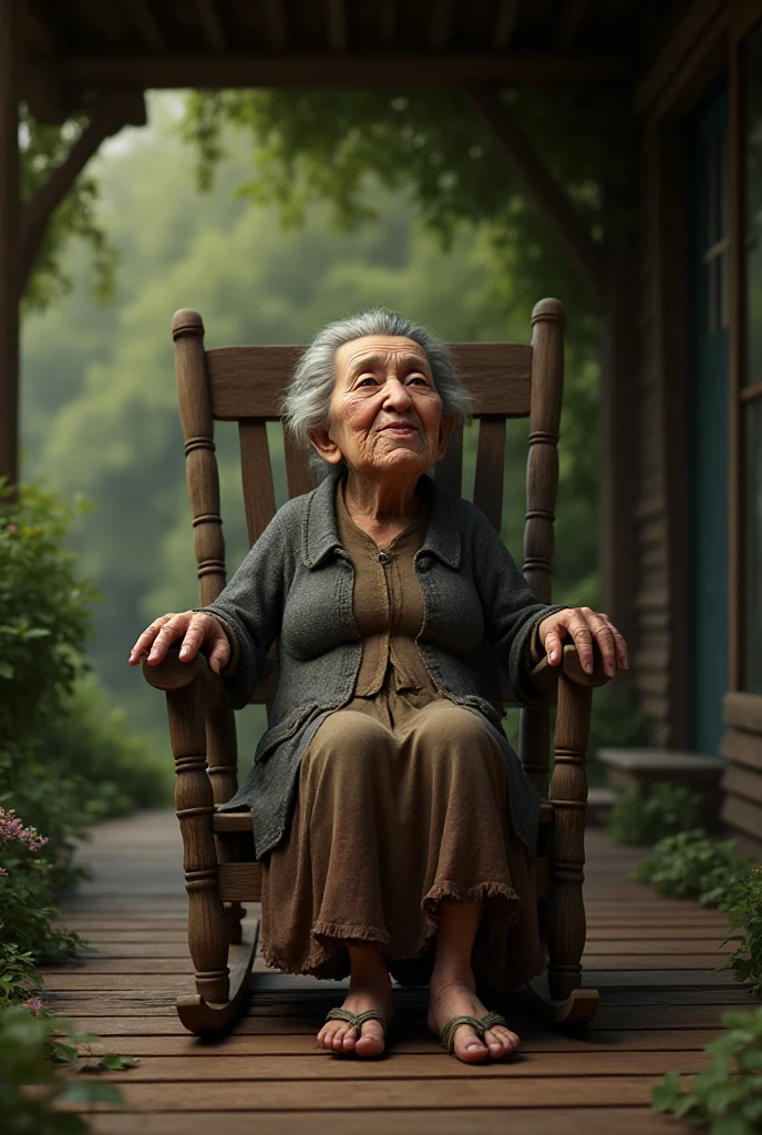 Old woman sitting on a rocking chair on a wooden porch - SeaArt AI