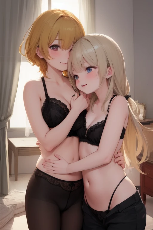 superflat, flat shading, flat colors, 25_year_old mother and 8_year_old daughter child loli, petite, white panties, stockings, topless, nipple, blonde, sitting on bed, smile, blush, posing, best shadows, watercolor,