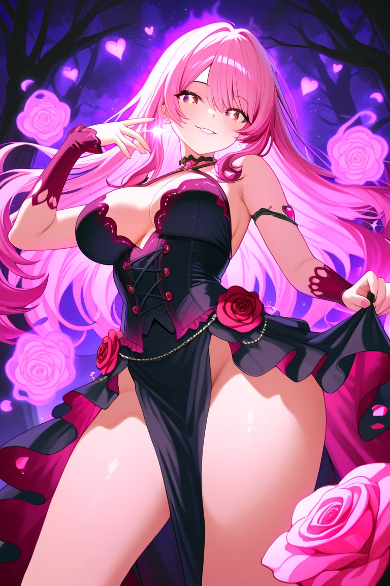 masterpiece, best quality, shadow, 21 years old, 1 girl, older women, A pink haired woman with violet eyes with an hourglass figure wearing a violet lace dress is blushing in a flurry of peony petal, thigh, ass, breast, seductive, spicy, horny, nsfw,