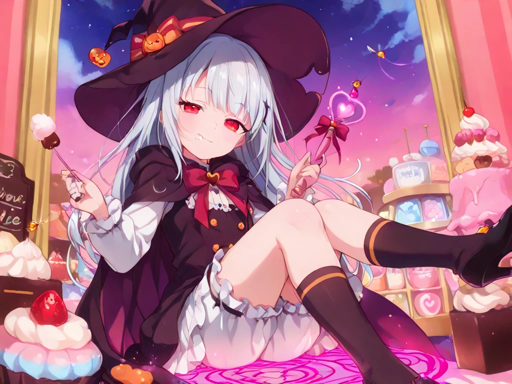 16k, hyper HD, retinas, Masterpiece, ccurate, Anatomically correct, High details, Best quality, High quality, A high resolution，White color hair，The Witch，Take the book，the night，long whitr hair，short  skirt，Sit Pose，afloat，Brilliant，opulent，first person，illustration，quadratic element，Side breasts，Grab your wand，black over-the-knee socks，Exposed panties，Bare chest，Open navel，Black panty，cosplay，Asia face，16 yaers old，teens girl