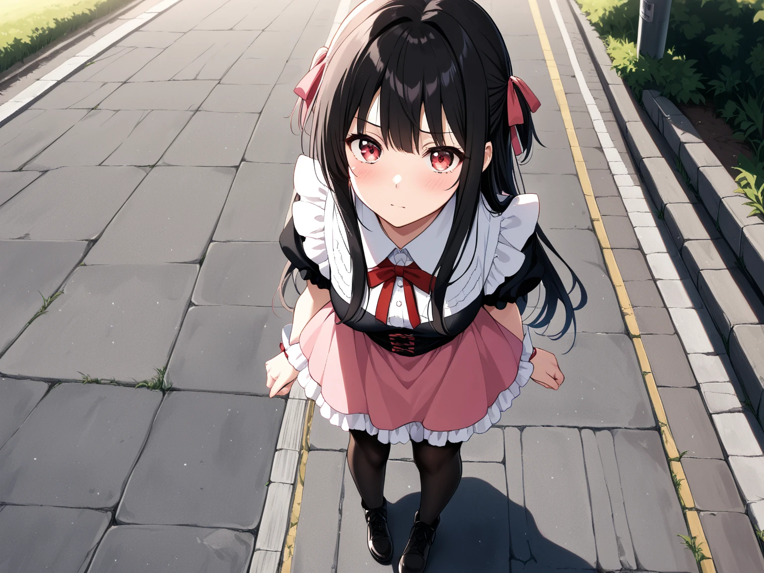 (best quality), (masterpiece, realistic), high res, all detailed, perfect anatomy, (two side up), (red dress, pencil miniskirt, breastplate, shoulders armor, shoulders cloak), medium cleavage, black thigh-highs, (injury skin, scar skin, bleeding skin, torn clothes:1.2), BREAK NSFW, solo, 1girl, (kneeling), (embarrassed, crying, tears:1.18), sigh, blush, sweat, saliva trail, (outdoors, street, stone flooring), cinematic lighting, diffraction spikes, zettai ryouiki,