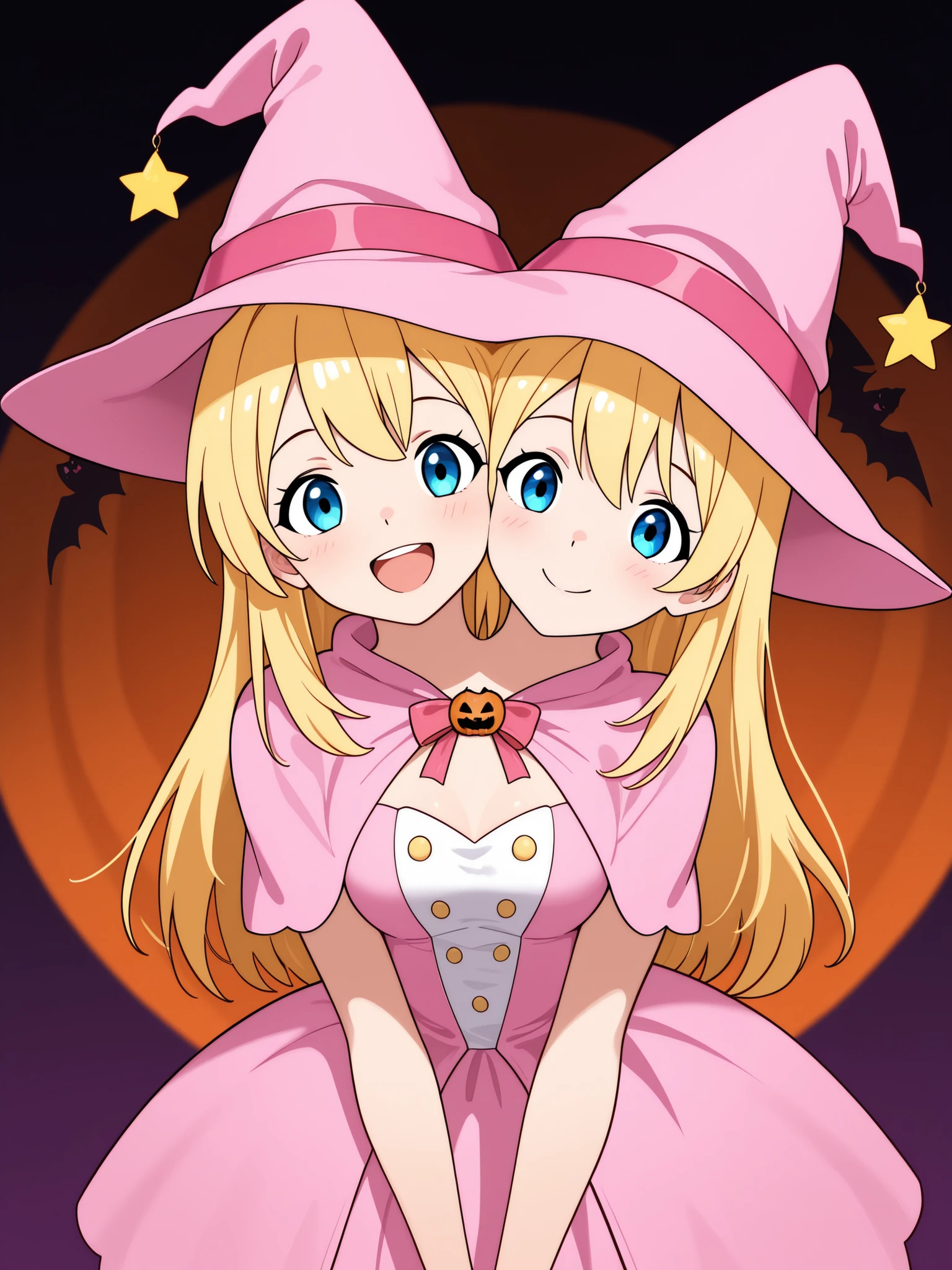conjoined, anime girl with two heads, playful, blond hair, blue eyes, smiling, one open mouth and one closed mouth, pink witch costume, witch hats, halloween party