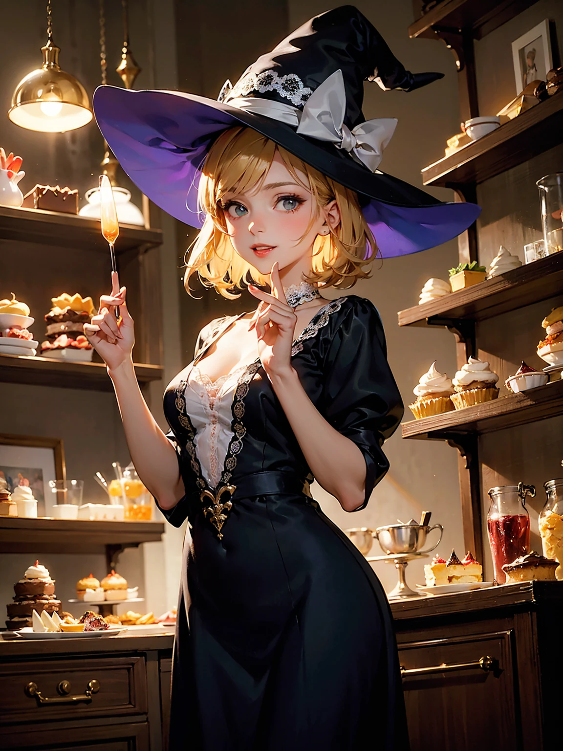 there is a woman in a purple dress and hat sitting on a bench, a portrait by Kamisaka Sekka, featured on pixiv, sōsaku hanga, black magician girl, dark magician girl from yu-gi-oh, marisa kirisame, flirty anime witch casting magic, beautiful dark magician girl, ayaka cosplay, beautiful cowboy witch, yamanaka ino, long blonde hair, bangs,