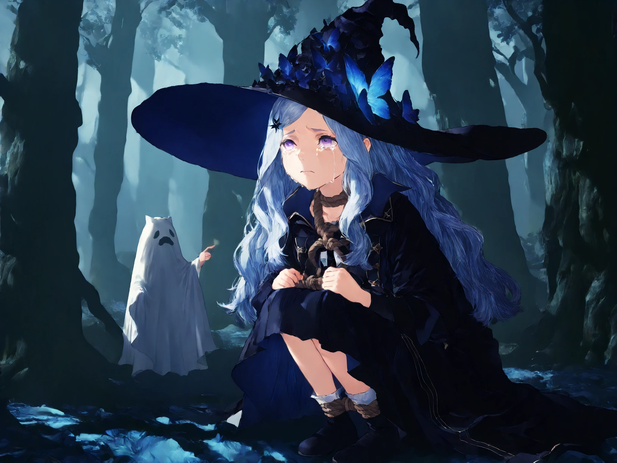 Saryu(NieR_Reincarnation), 1girl, solo, long hair, grey hair, hair ornament, purple eyes, witch, witch hat, long sleeves, coat, blue hair, blue butterfly, on her knees, crying.in a dark forest, a large bedsheet ghost with a rope tied around its neck looking at her from behind a tree