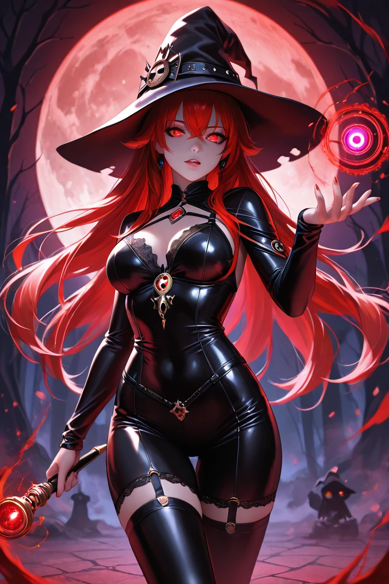 a volumptuous woman with long red hair, wearing a witch hat and alluring witch clothes, with an evil and seductive smile, piercing yellow eyes