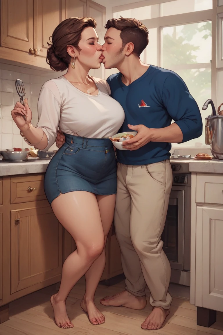((multiple thick body mature women age 35 American milf super model, 1male age 24)), smiling hugging, bare breasts and nipples hanging out , woman wearing robe with bra and panties, standing in kitchen (((husband and wife)))