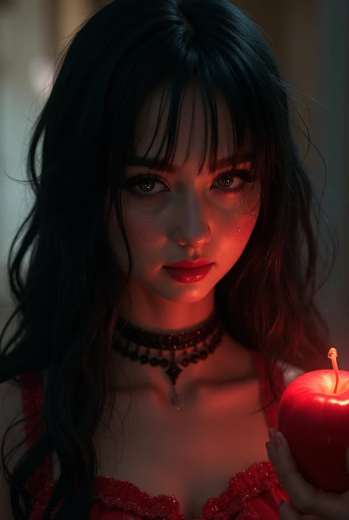 skini girl, red t-shirt , (((((pale skin)))))), blue eyes,
white girl, deep black hair, ultra realistic, 16 years old,
large , ((())), ponytail hair, candle lights,