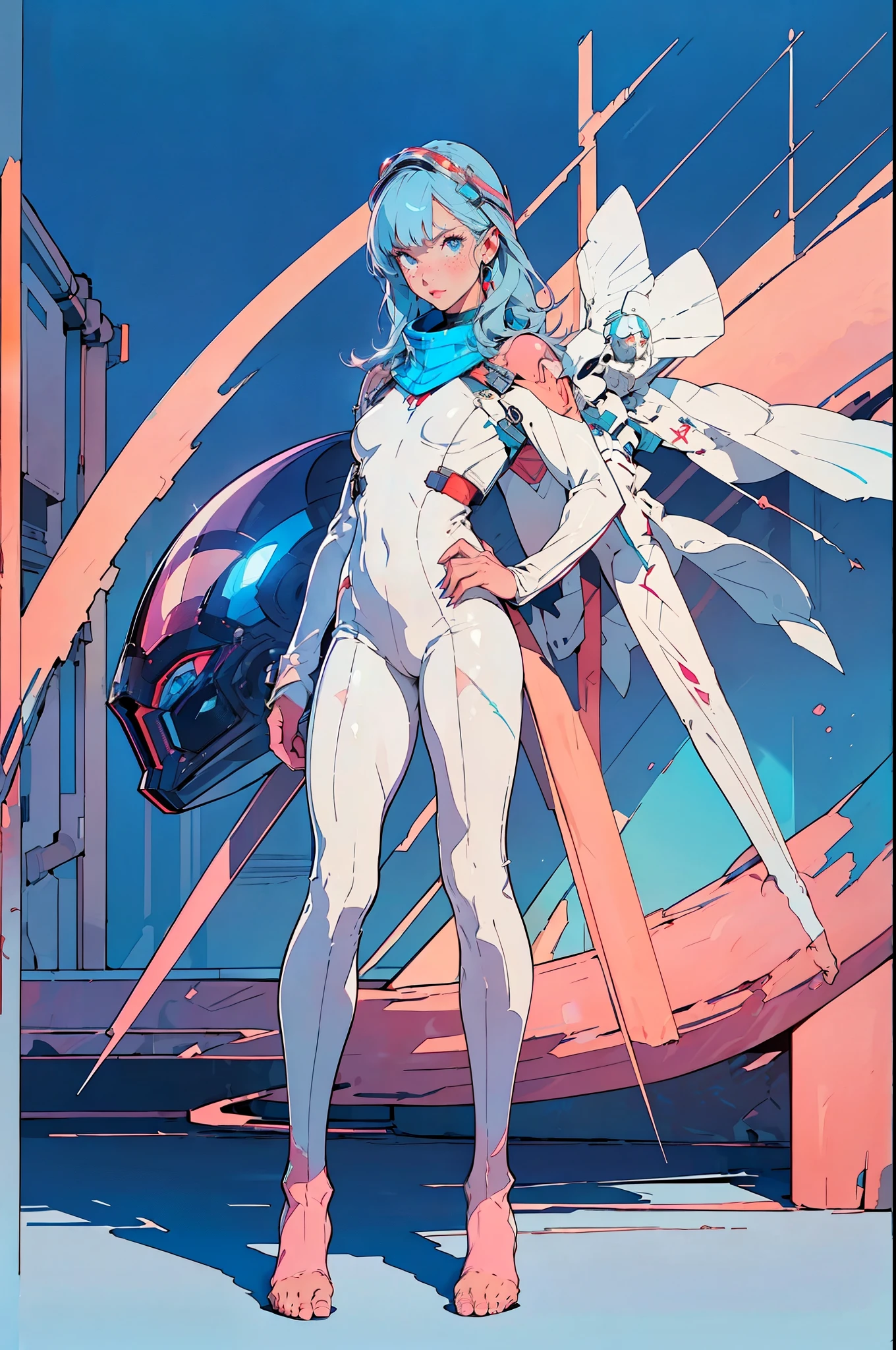 tartan scarf around neck, perfect proportions, anatomically correct, (head to toe full body image: 2.0), 1girls, solo, (Casshern: 1.6), extremely stylized, deviant art, masterpiece, highly detailed, turquoise eyes, detailed eyes, expressive detailed eyes, wide eyed, detailed pupils, futuristic, ((1950s scifi helmet)), ((pointy helmet)), Rubber Gloss, white pants, blush, (white rubber skinsuit:1.4), white boots, blush, red rocket and cloud background, small breasts, lots of freckles, super textured detailed skin, entire body image, full body shot, nvinkpunk, professional photograph of alexander_skarsgard, floating lights