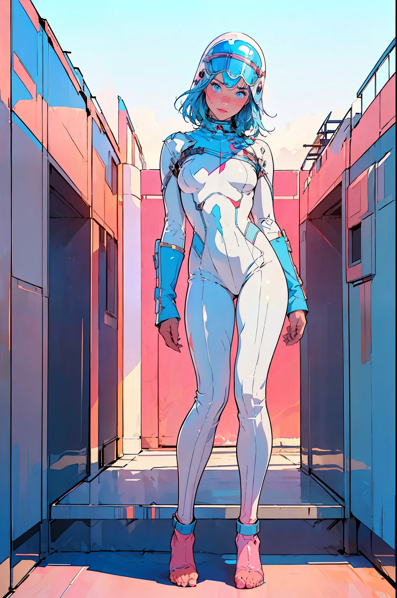 tartan scarf around neck, perfect proportions, anatomically correct, (head to toe full body image: 2.0), 1girls, solo, (Casshern: 1.6), extremely stylized, deviant art, masterpiece, highly detailed, turquoise eyes, detailed eyes, expressive detailed eyes, wide eyed, detailed pupils, futuristic, ((1950s scifi helmet)), ((pointy helmet)), Rubber Gloss, white pants, blush, (white rubber skinsuit:1.4), white boots, blush, red rocket and cloud background, small breasts, lots of freckles, super textured detailed skin, entire body image, full body shot, nvinkpunk, professional photograph of alexander_skarsgard, floating lights