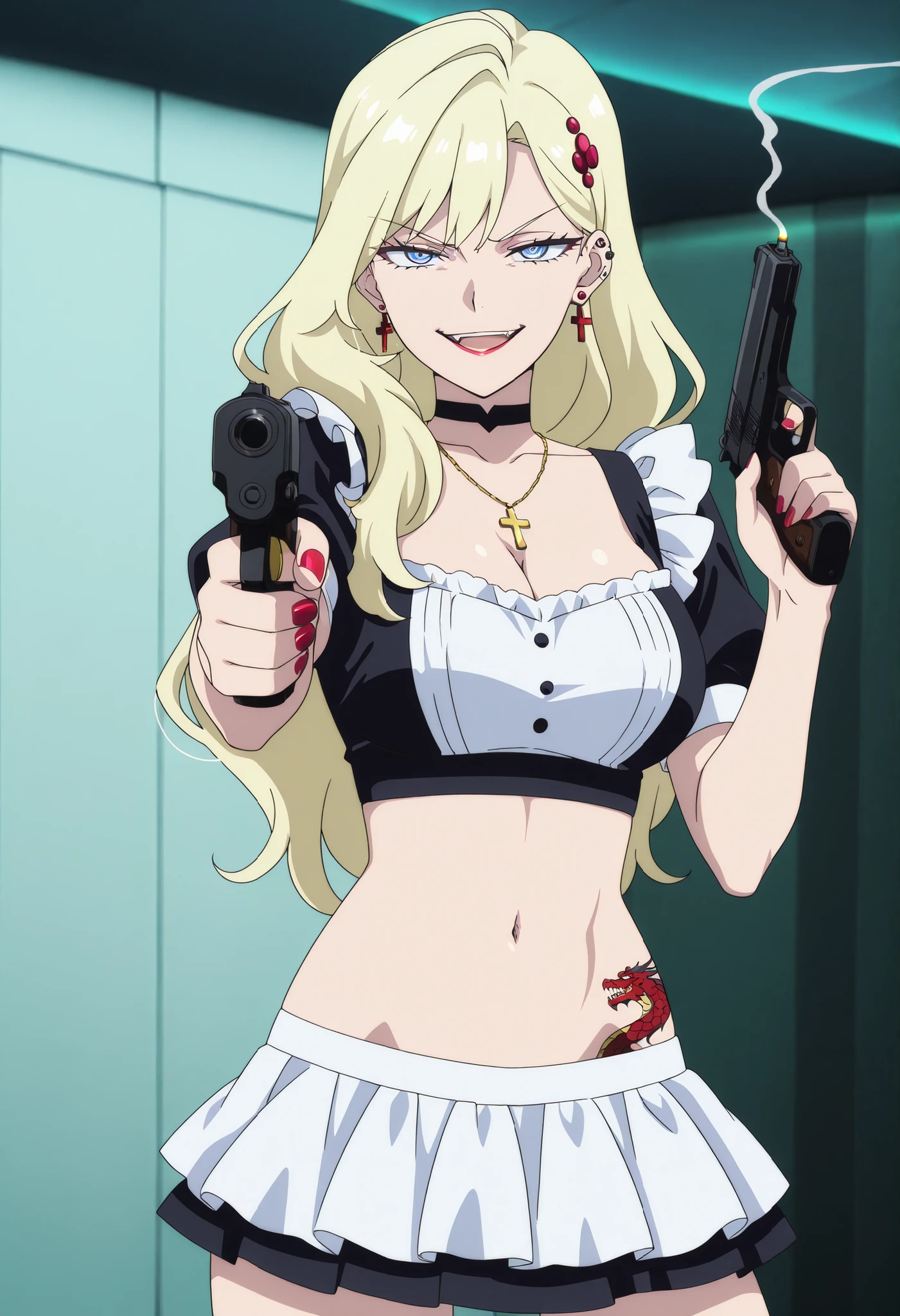 masterpiece, best quality, amazing quality,1girl, solo, BREAK
phaedr4, long hair,blonde hair, hair ornament,blue eyes,
nail polish, ,ear piercing, long hair, , lipstick,Hot girl, baddie, smoking, sensual, attractive cross necklace, choker,,jewelry, earrings, complex detailed background, casino environment, fancy interior environment,
rich interior, masterpiece, best quality, highly detailed, a girl in maid uniforms, holding pistol, maid
outfit, cleavage, evil smile, smile, open mouth ,official artwork, (nsfw) not safe for work, beautiful maid
girl, , micro skirt, exposed belly, exposed navel, exposed midriff, exposed lower belly, holding a gun, , medium large breast ,looking at viewer , dragon tattoo on waist, narrowed eyes, tattoo on waist, anipai_style , anime screencap , anime coloring, v-shape eyebrows,