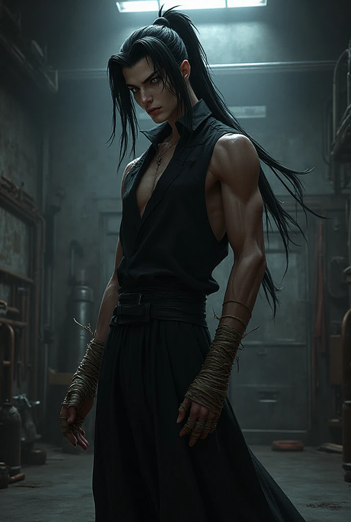 Long black hair, red eyes, athletick body, buffed body, sad looking, black trousers, grey tunic, black shoes, medival, black punk gloves, aggrasive looking, full body, 4k hd, extra-detailed, extra details.