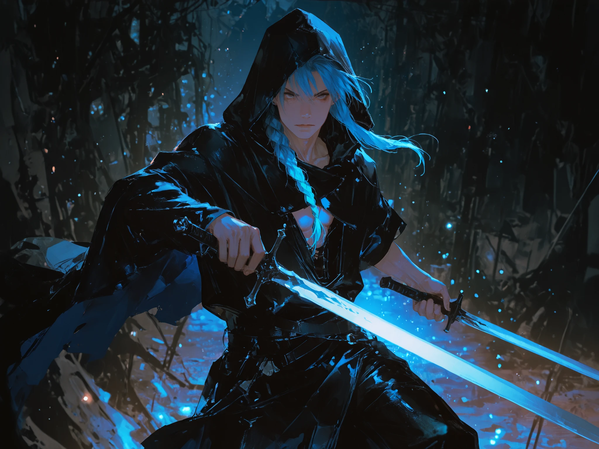 medium shot, front shot, male focus, looking at viewers, makes an aesthetic, Master piece, Best Quality, ultra detailed, a handsome man, (man:1.6), solo, (male:1.6) long hair, male glowing blue hair, hair in braid, beautiful dark-gray eyes, toned, black cloak , hood up, black leather tunic, black taut pants, one arm spread, holding a sword, action pose, night, (light particles:1.4), ruin, ambient light, faint light
