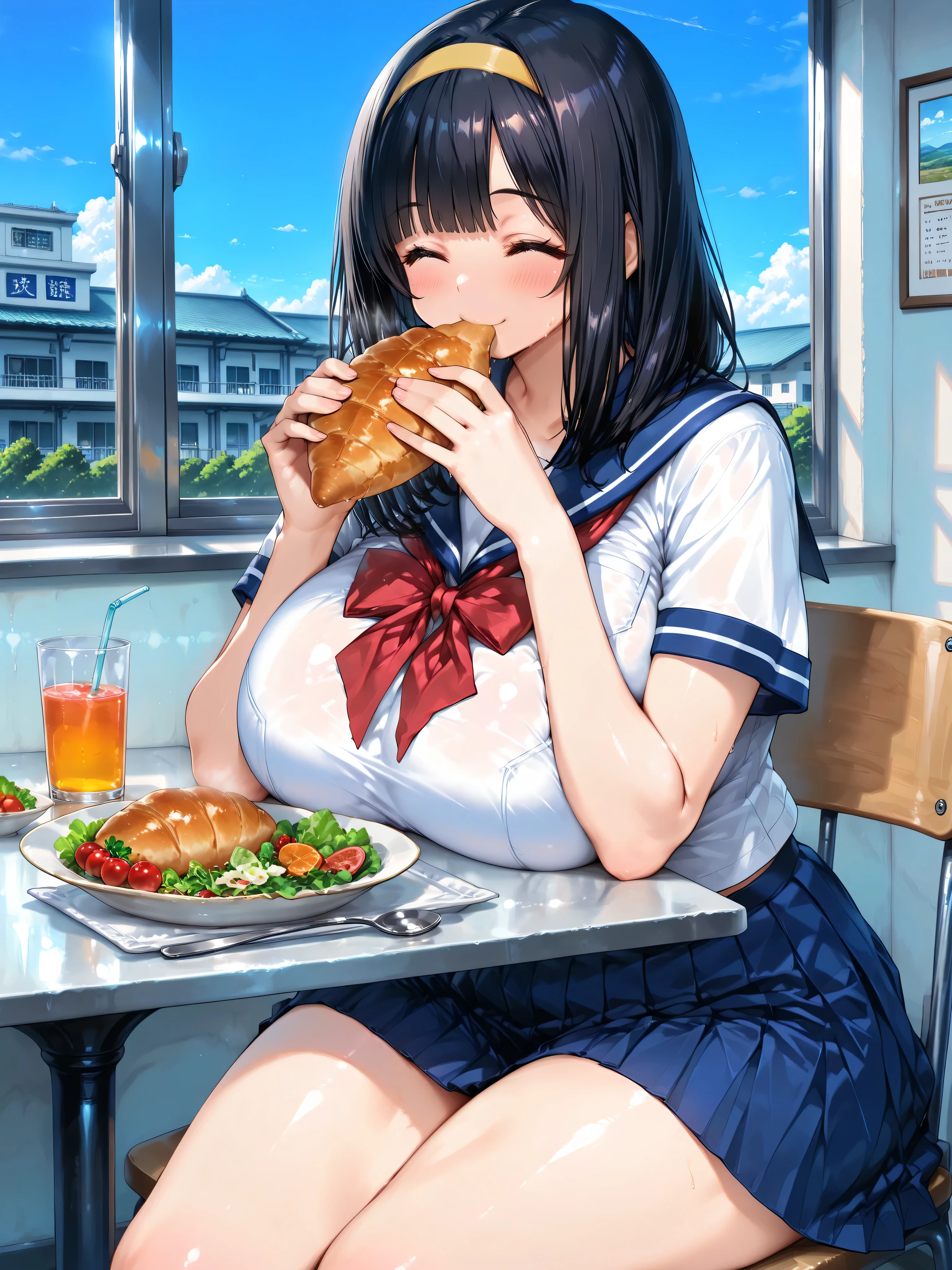 ((masterpiece:1.4, best quality)), ((masterpiece, best quality)),1girl,bishoujo,age girl,,medium hair,straight hair,black hair,blunt bangs, swept bangs,long sideburns,brown eyes,tareme,beautiful eyes,(long eyelashes),Curvy,Plump,bbw,huge breasts,huge hip,thick thighs,school uniform, sailor suit, traditional Japanese style with navy blue and white colors, detailed red ribbon and blue pleated skirt,short sleeves,yellow hairband,cafeteria,white wall,sitting chair,eating croissant bread,orange juice on the table,clear sky,smile,closed eyes,salad on the table,backgrand concrete school building