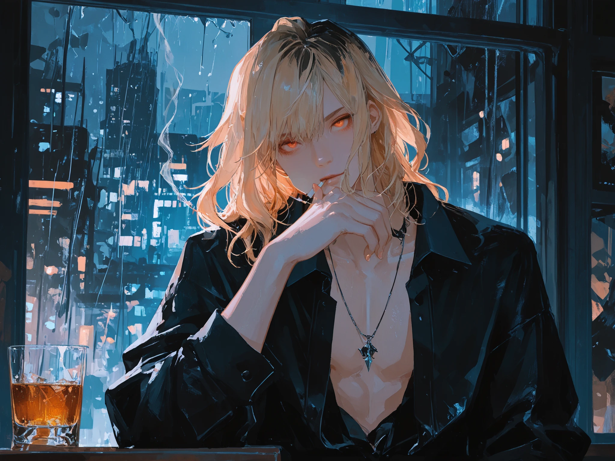 close up, front shot, looking at viewers, makes an aesthetic, Master piece, Best Quality, ultra detailed, (a handsome men:1.6), solo, male medium dull-blonde hair, male wavy hair, orange eyes, male curtain hair, (collared shirt with untucked:1.6), (male black shirt:1.4), (open shirt:1.3), a simple necklace, a simple pierce, cheek on hand, smoking, a whiskey glass, stylish bar, big window in background, raining, night
