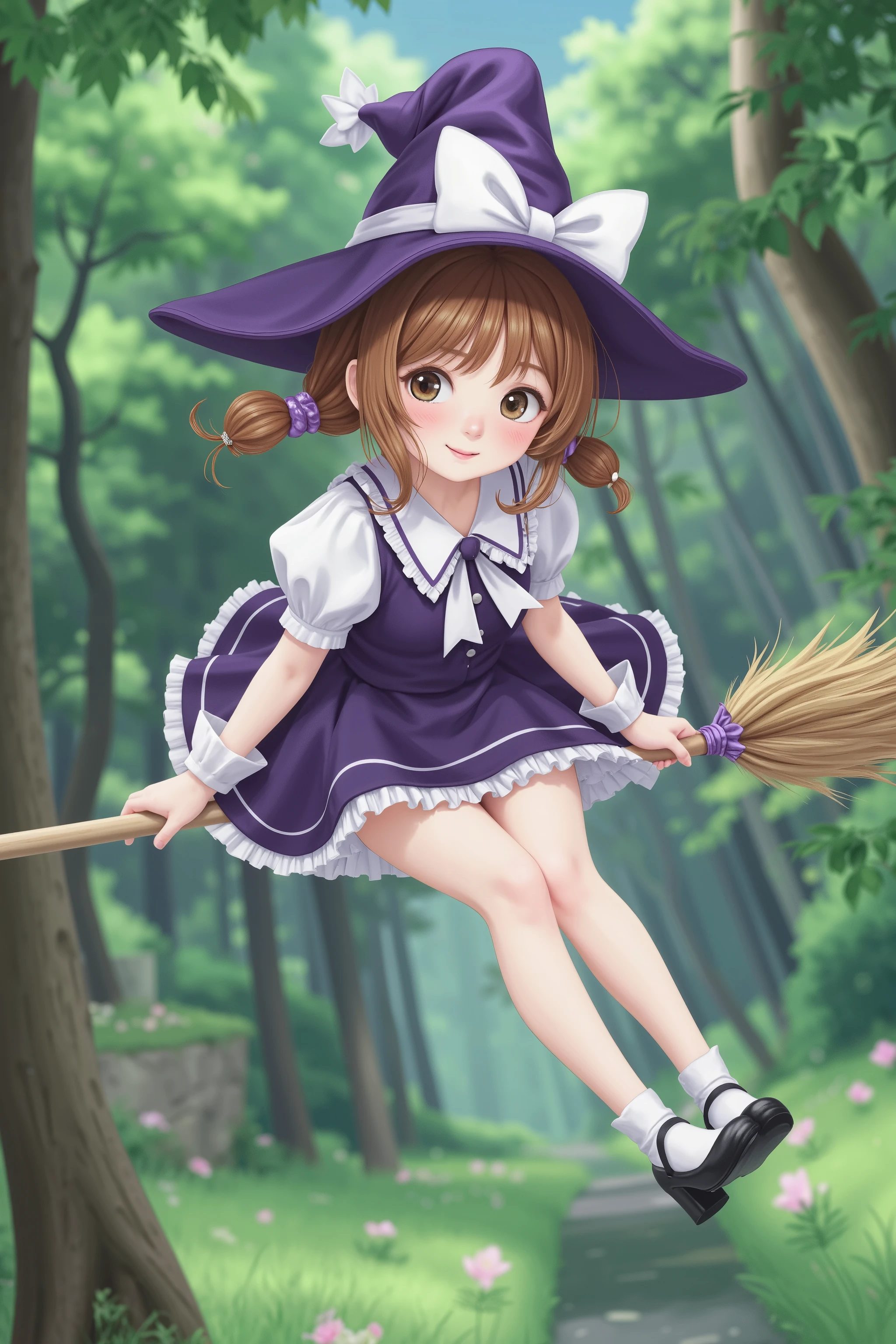 cute witch girl flying over the woods on a broom, 4K, HDR, Realistic, Precise and detailed, professional illustration, Magical Vibes, Magical Gloss, natural background, tree々の間からこぼれるtree漏れ日, Faintly shining broom, smiling expression, big eyes, Delicate Features, Graceful Posture, High Quality Digital Art