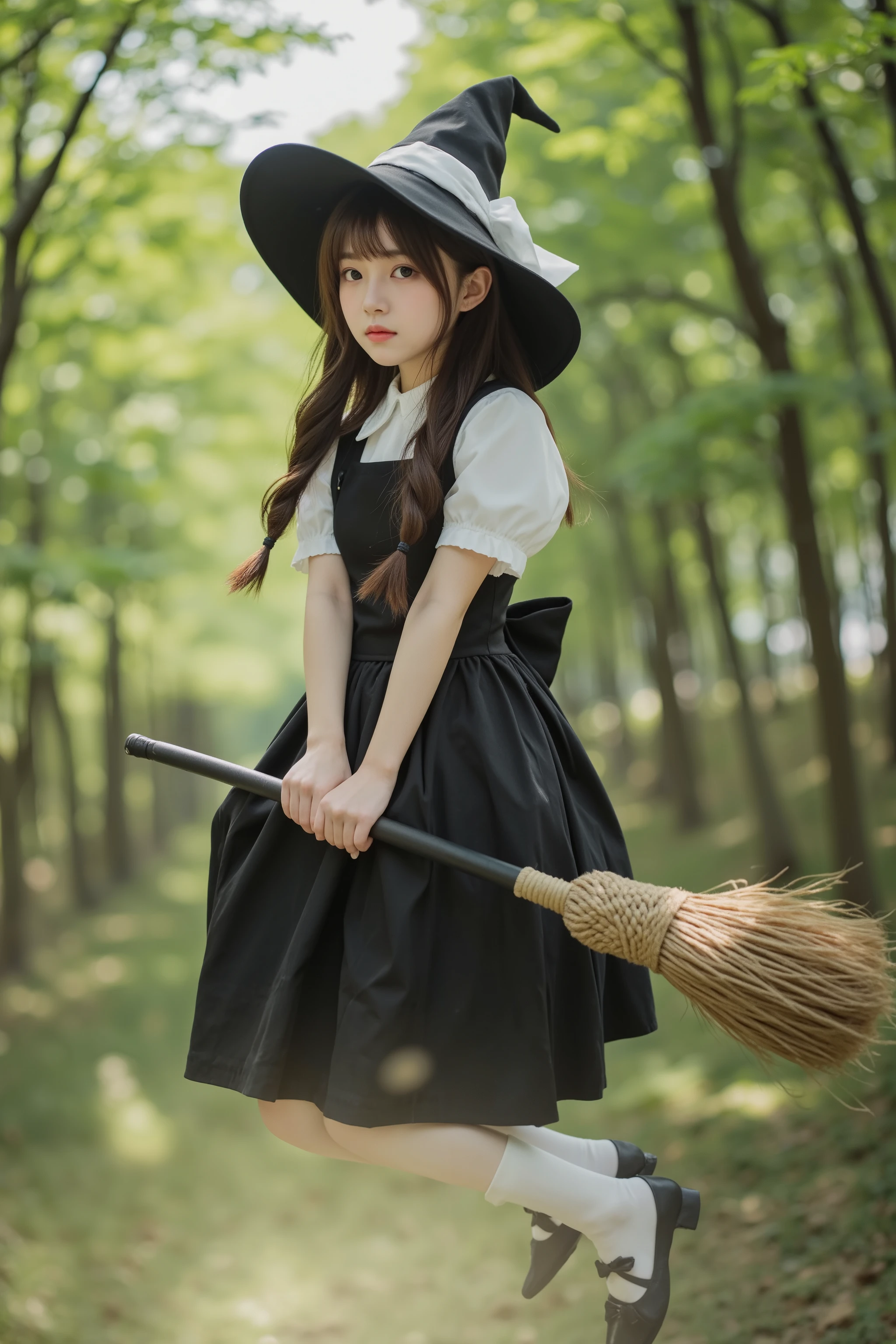 Kinomoto Sakura, cute witch girl, Flying over the woods on a broom high resolution,Realistic,4K digital ,Fantasy Scene, Magical Girl,portrait,character,detailed details,realistic texture,Full 3D Rendering,Exotic Plants,bright sunlight,sunlight filtering through the trees,beautiful scenery,Magical Gloss,Delicate Expression,are perky movements,Graceful Poses,Delicate Details