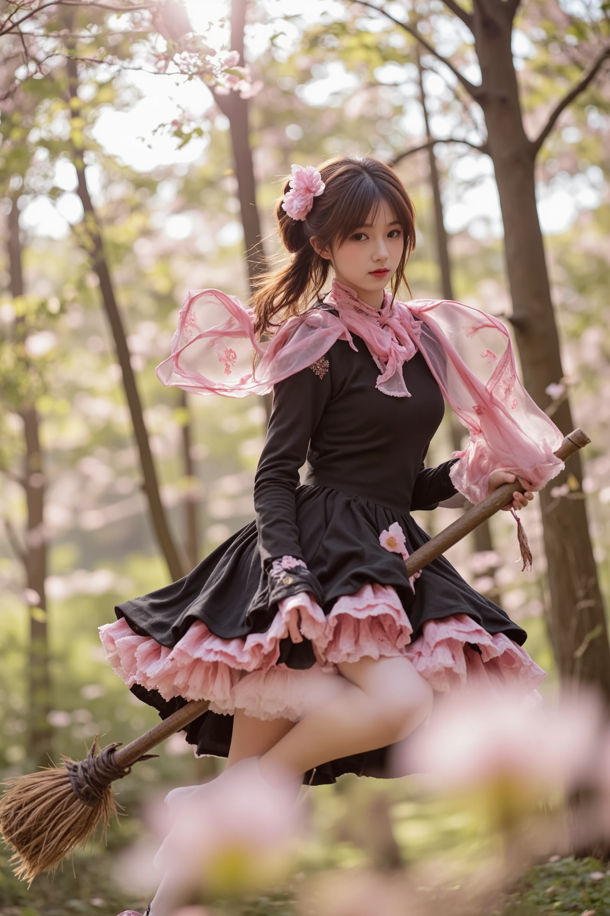 Kinomoto Sakura, cute witch girl, Flying over the woods on a broom high resolution,Realistic,4K digital ,Fantasy Scene, Magical Girl,portrait,character,detailed details,realistic texture,Full 3D Rendering,Exotic Plants,bright sunlight,sunlight filtering through the trees,beautiful scenery,Magical Gloss,Delicate Expression,are perky movements,Graceful Poses,Delicate Details