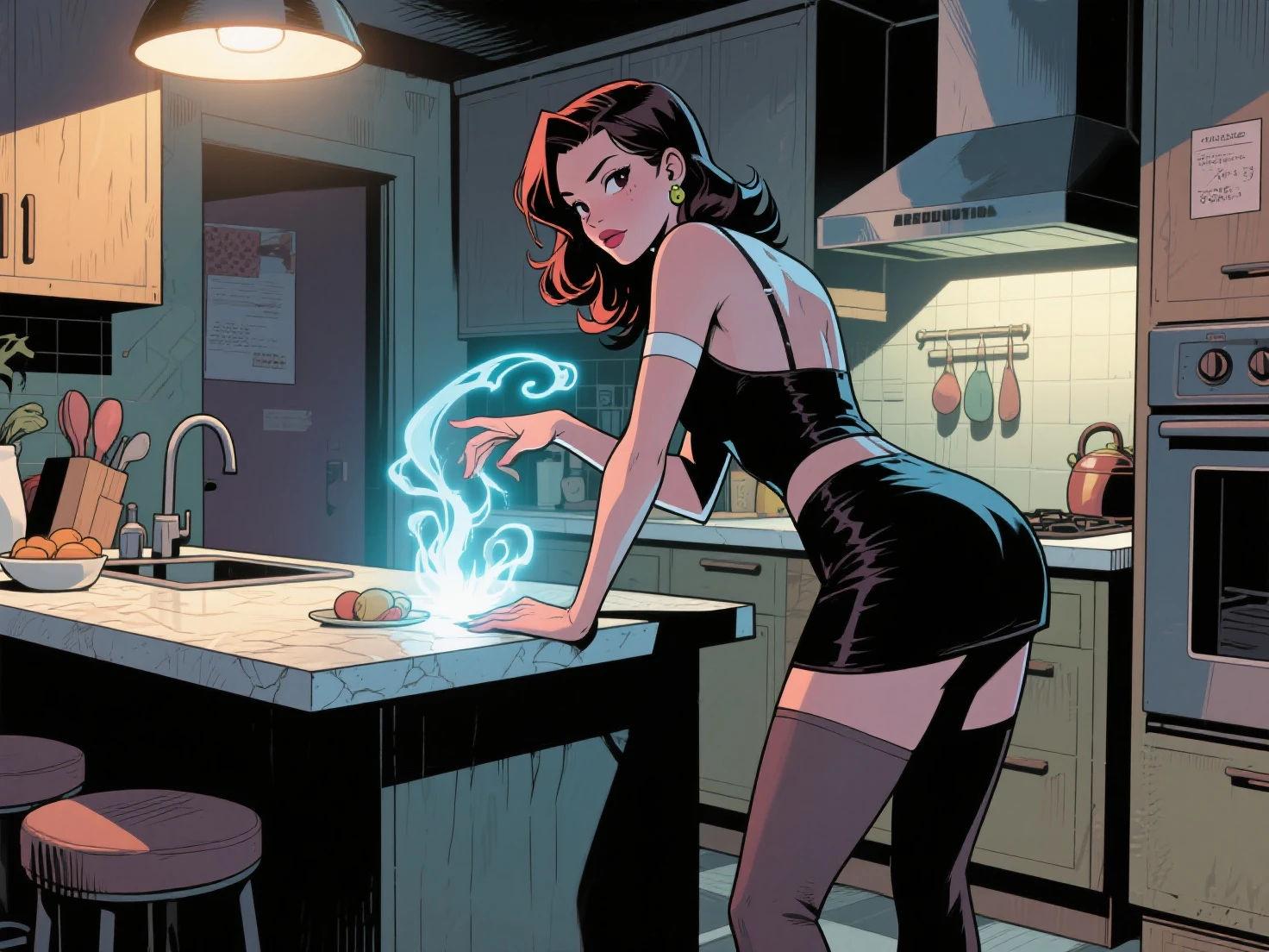 The vintage advertisement initially presents an idealized, if slightly ??????, vision of 1950s domesticity and femininity. In the foreground, a shapely young housewife strikes an alluring pin-up pose, reminiscent of bombshells like Bettie Page. She wears a fitted shirtdress with the front few buttons tantalizingly undone, accentuating her ample bust.
The skirt is hiked up to mid-thigh, putting the housewife's garter belt, stockings, and shapely legs on full display as she leans over an old vacuum. One hand rests on a cocked hip, while the other grips the vacuum handle in a suggestive manner. With a coy expression and pursed red lips, her chestnut hair is styled in bouncy curls framing her made-up face.
However, the idyllic domestic scene is shattered by an unmistakable cosmic horror lurking just behind the oblivious housewife. Visible through the open doorway of her cheerful kitchen, a grotesque, multi-tentacled monstrosity is busy wrecking the room.
Countless ??????? appendages whip through the air, smashing cherry-red accessories and upending the checkerboard tiles. A deformed tentacle, lined with serrated fangs, snakes perilously close to the housewife's stockinged calves. Putrid ooze and radioactive flesh sloughs from the creature's pulsating form.
But the pin-up model remains locked in her sultry pose, seemingly unaware of the literal kitchen nightmare unfolding behind her. The vacuum looks comically inadequate against the spawning alien abomination.
The lurid text overlay reads: "Maybelle's Cleaners: They'll Keep a Housewife's Pins-Up...Even Against Tentacled Terrors!" The tagline celebrates the era's sexualized housewife ideals while making a cheesy nod to atomic-age sci-fi horror.