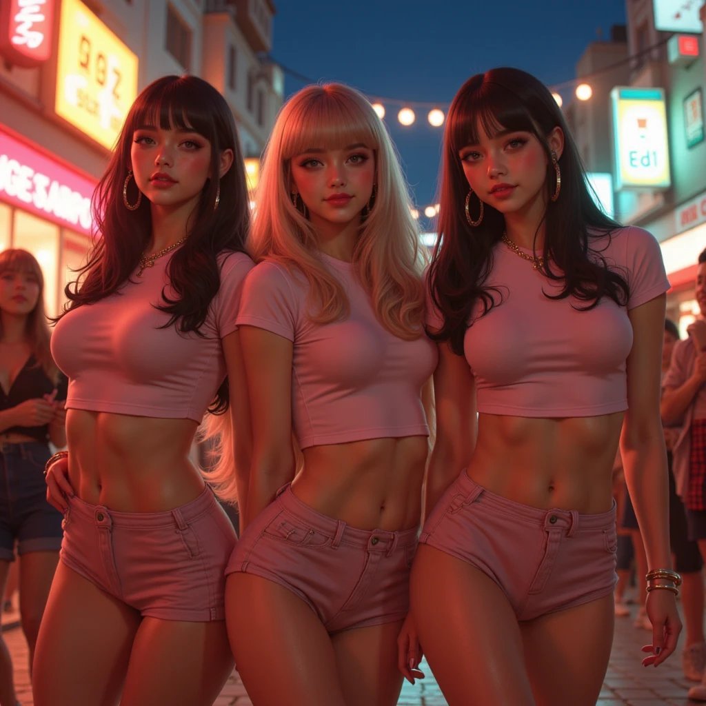The character costume is KPOP, Hallyu, K-pop anime art style, Hallyu frontline style, Hallyu art style, kpop style, official artwork, Chibi art, Pisif, Blackpink style, cute. KPOP artwork in various poses, The popularity of Pisif art station, lingerie, 16 year old chibi, No watermark, Extra close-fitting mini skirt, open jacket, extra short clear top Strapless, cleavage, style clothing cyberpunk, smallest short short, wide angle, short top, very short, 3 innocent girls, UHD 32k, RAW, Wide legs, wide hips, latex siut,