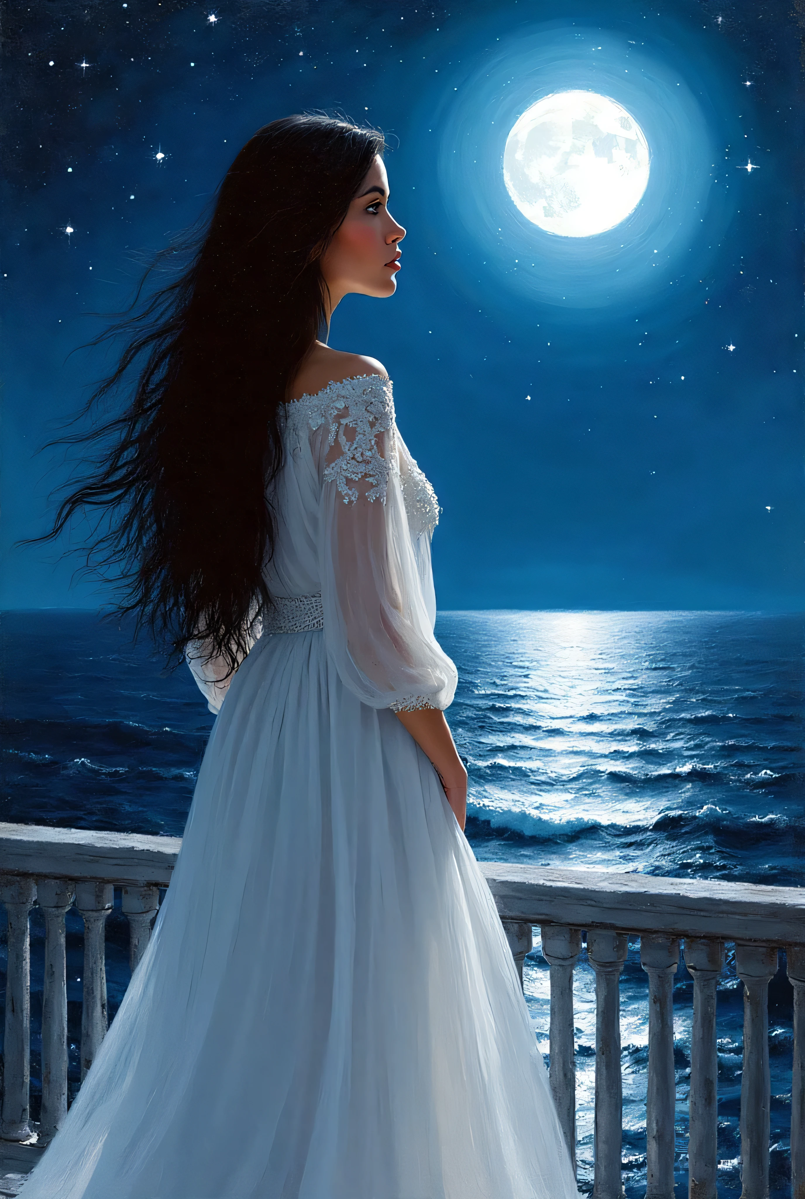  woman in lace dress looks at the horizon between three wooden posts, loneliness, moon (art inspired by Bill Sienkiewicz, intricate details, oil painting)
