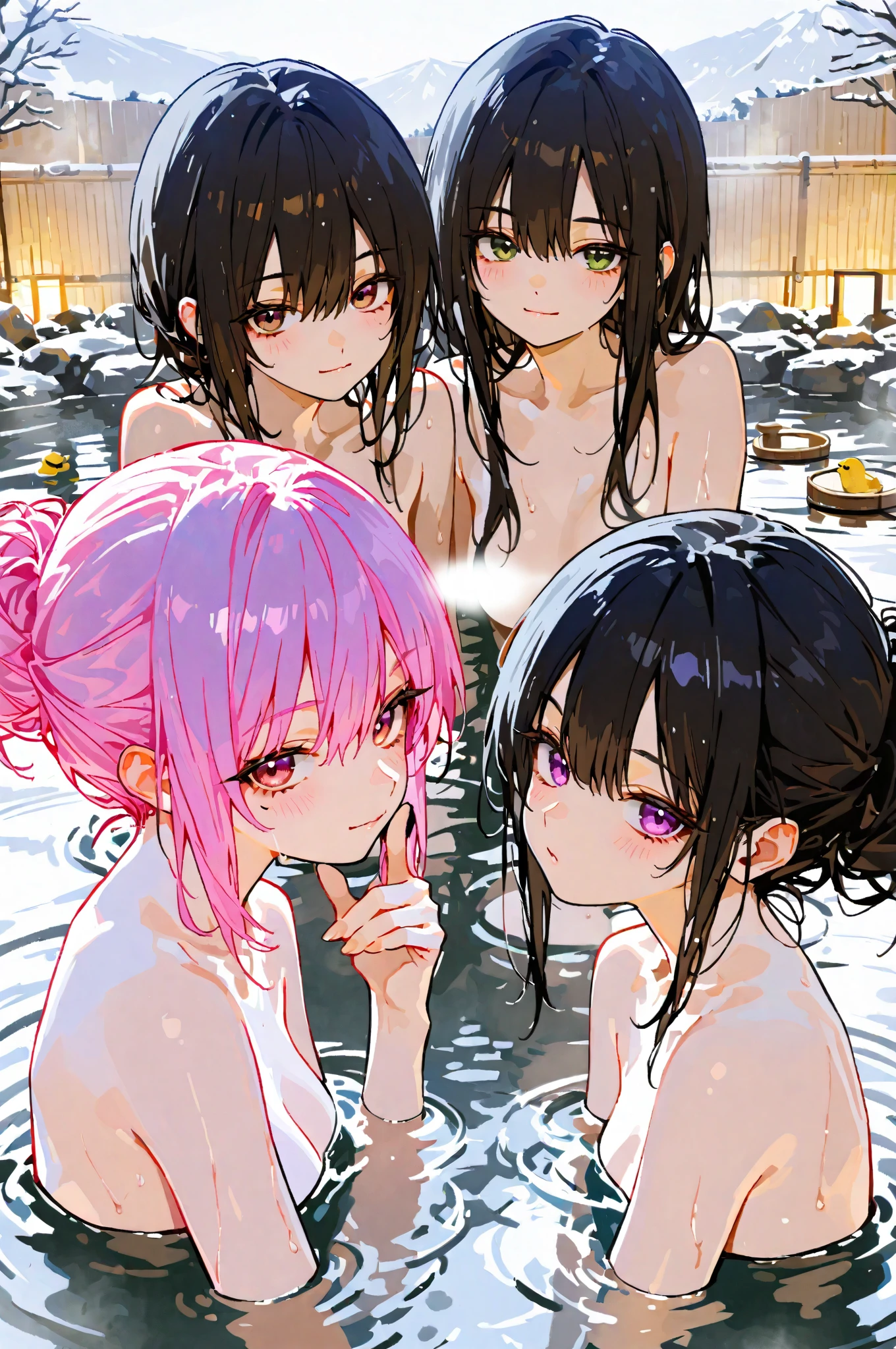 masutepiece,Best Quality,超A high resolution, 8K,Professional Lighting, Photon mapping, analogue, handdraw, Anime Face, superfine illustration, Best Quality、 Beautiful skin、(flat chest:1.1)、large wooden open-air bath、((4People Girls:1.5))、In the bathtub in the bath:1.8、(nudde:1.8)、(((deep in the night)))、(Looking away:1.8)、(sit on the edge with your legs spread apart:1.5)