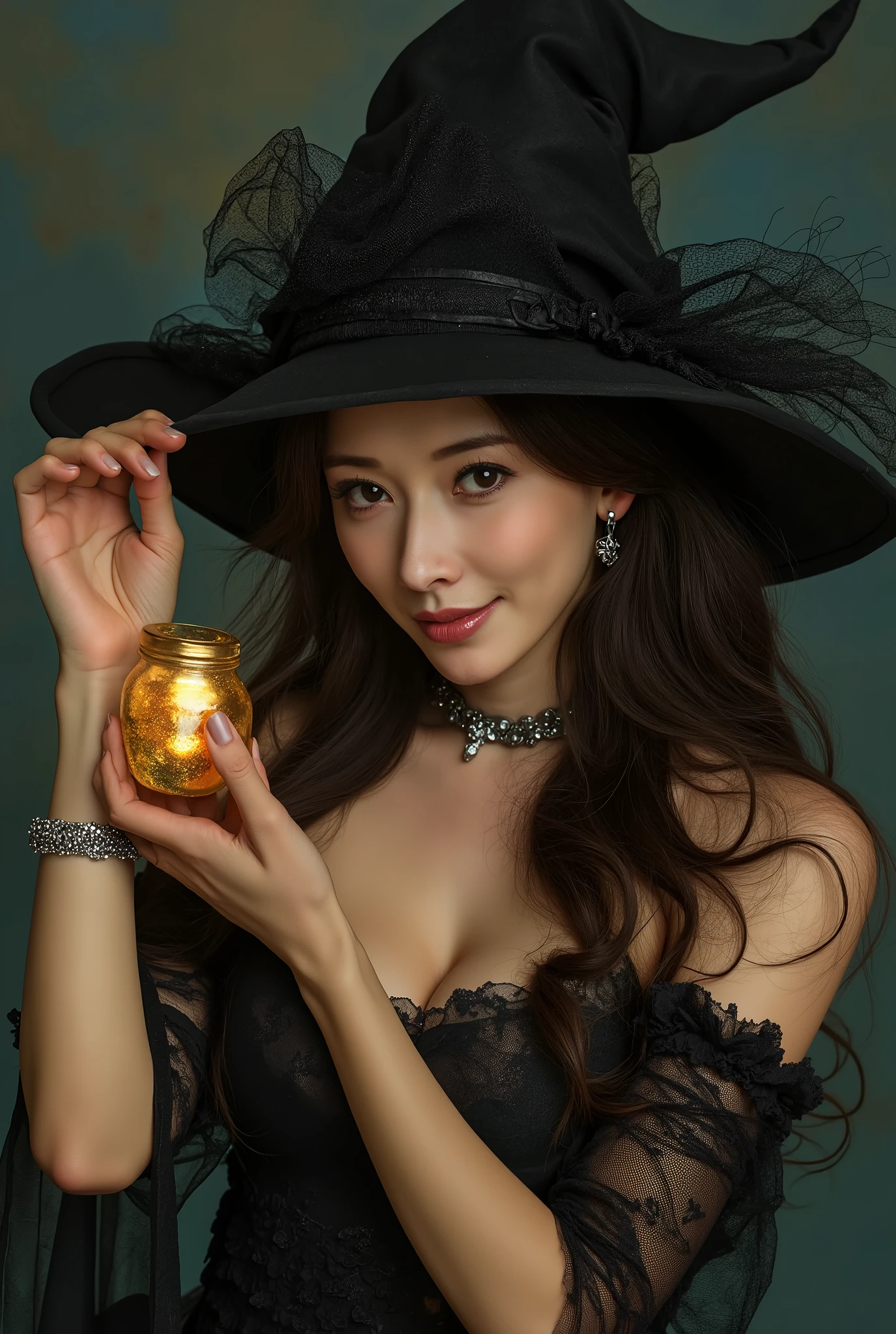 art expression, sexy,Cleavage,sexy的黑色长袍,exposed thighs,Staff,fantasy, K Beauty Witch, Big Witch Hat , Drops of honey, Antique jar, flickering effect, cute eyes, Do not paint shiny black hair, Magic Glow, Honey granules, Warm Light, Delicate Hands