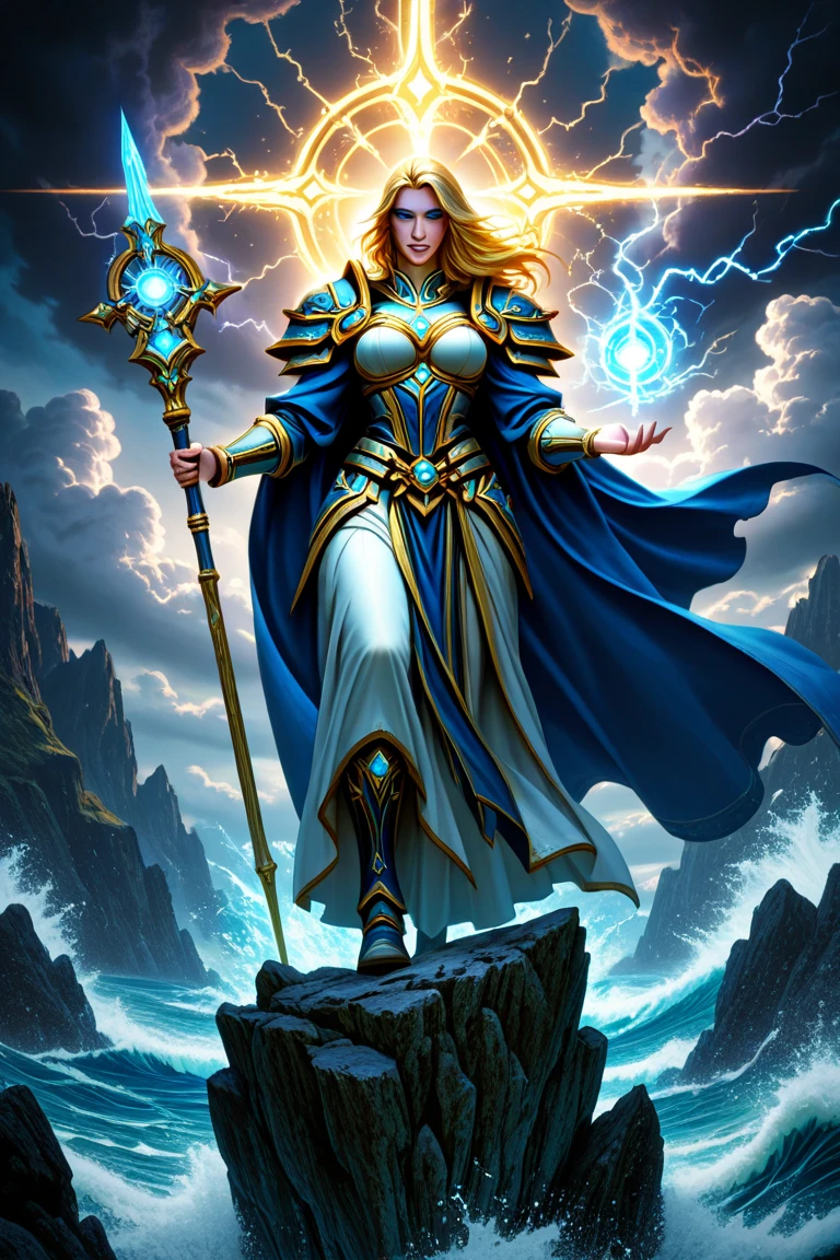 blonde haired norse goddess wearing a helmet that covers her entire head, shiny dark blue armor with gold trim, armored Gauntlet. cape with star-field. Cleavage, deep v-neck. She has a stern expression. Winged helmet. Posed with arm raised Shooting lightning from hand.(detailed eyes, detailed face)
