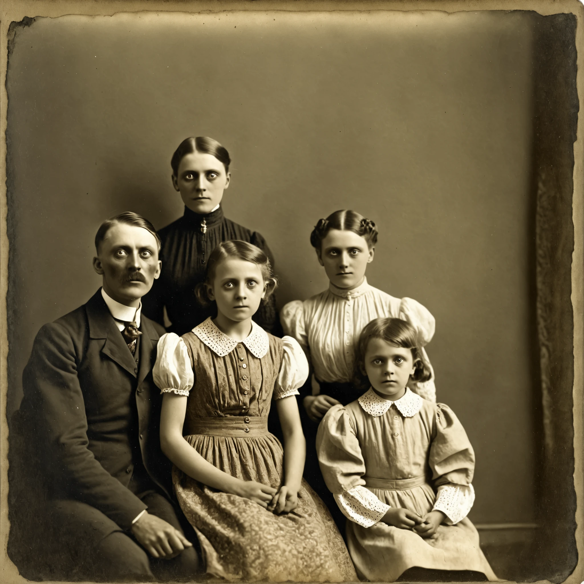 Daguerreotype, tintype, sepia-toned photograph, a woman with creepy faces next to her, walls melt, horror, macabre face, creepy mutant creature, the demon in the wall reaches for the woman, horror face, scary portrait, horror, highly detailed, scary look, detailed walls melting, creepy, white eyes, creepy carved expression, walls melting revealing Nazis horrifying grin. horror, hyper realism scary, evil humans hide in the under, A sepia-toned photograph captures a family of three seated in front of a beautiful woman. adding a festive charm to the scene. But the walls melt... The individuals are dressed in period attire, suggesting an era from the late 19th to early 20th century. The woman on the left wears a high-collared dress with a detailed pattern, while the man on the right dons a suit with a waistcoat and white shirt. The child, a girl seated between them, is dressed in a light-colored dress with puffed sleeves, contributing to the formality and historical context of the image. The sepia tone creates a warm, vintage atmosphere, enhancing the nostalgic ambience of the holiday gathering. The composition is centered and balanced, with the Nazis' faces directing focus away from personal identity and more toward the Nazi era and setting of the image. A sepia-toned photograph captures a family. There are prominently decorated Nazis adding a festive charm to the scene. The individuals are dressed in period attire, suggesting an era from the late 19th to early 20th century. The woman on the left wears a high-collared dress with a detailed pattern, while the man on the right dons a suit with a waistcoat and white shirt. The child, a girl seated between them, is dressed in a light-colored dress with puffed sleeves, contributing to the formality and historical context of the image. The sepia tone creates a warm, vintage atmosphere, enhancing the nostalgic ambience of the holiday gathering. The composition is centered and balanced, with the faces directing focus away from personal identity and more toward the Nazi era and setting of the image.A sepia-toned photograph captures a family of three, adding a festive charm to the scene. The individuals are dressed in period attire, suggesting an era from the late 19th to early 20th century. The woman on the left wears a high-collared dress with a detailed pattern, while the man on the right dons a suit with a waistcoat and white shirt. The child, a girl seated between them, is dressed in a light-colored dress with puffed sleeves, contributing to the formality and historical context of the image. The sepia tone creates a warm, vintage atmosphere, enhancing the nostalgic ambience of the holiday gathering. The composition is centered and balanced, with the blurred faces directing focus away from personal identity and more toward the era and setting of the image.A sepia-toned photograph captures a family of three seated in front of a beautiful woman, adding a festive charm to the scene. The individuals are dressed in period attire, suggesting an era from the late 19th to early 20th century. The woman on the left wears a high-collared dress with a detailed pattern, while the man on the right dons a suit with a waistcoat and white shirt. The child, a girl seated between them, is dressed in a light-colored dress with puffed sleeves, contributing to the formality and historical context of the image. The sepia tone creates a warm, vintage atmosphere, enhancing the nostalgic ambience of the holiday gathering. The composition is centered and balanced, with the blurred faces directing focus away from personal identity and more toward the era and setting of the image.A sepia-toned photograph captures a family of three. There are prominently decorated Nazi soldiers, adding a festive charm to the scene. The individuals are dressed in Nazi period attire, suggesting an era from the late 19th to early 20th century. The woman on the left wears a high-collared dress with a detailed pattern, while the man on the right dons a suit with a waistcoat and white shirt. The child, a girl seated between them, is dressed in a light-colored dress with puffed sleeves, contributing to the formality and historical context of the image. The sepia tone creates a warm, vintage atmosphere, enhancing the nostalgic ambience of the holiday gathering. The composition is centered and balanced, with the faces directing focus away from personal identity and more toward the Nazi era and setting of the image. A silk and satin mermaid-style full-length gown with a fitted bodice and a flared skirt that has raised ruffles at the bottom. Violet with white gown has sheer puff sleeves adorned with floral appliqués, a sweetheart-shaped neckline lace, black colored stitch details, and 8k the embroidered black detailing that extends down the front creates a V-shape. Small black flowers complete the elegant ensemble. Open the bottom of the dress so that the fabric creates a large circular shape several feet in circumference on the ground. Give the skirt some puffed out material that hangs down in several layers from mid-thigh down to the floor in three or four columns. The dress is made of violet, white, and black satin and silk. Use a spotlight on the model so that the swirls around her are amplified and reverberate outwards in a pulse of light and color that is reflecting and glowing, so it contrasts with the solid black background. Very dramatic pose. Dramatic lights and color. Make the woman look extremely attractive. Surrealism, aesthetically incredible, light display, multi colored swirls light up around the beautiful model. Light moves out in waves of color. Iconic character. Iconic image. Ultra-realistic, photorealistic, cinematography, ultra-detailed. Very Long wavey hair, Motion Lines, Sparkle, Emphasis Lines, Speed Line, Cinematic photography, cinematic lighting, cinematic portrait, portrait photography, cinematography, full focus, UHDR, hyperrealistic, startling, Glowing Light, Reflection Light, God Rays, Action Painting, Icon Style, Realism, Portrait Photography, Fujicolor, Hair Ribbon, lace choker, Super Detailed, Best Quality, Action Painting, Masterpiece, , Parted Lips, direct eye contact, model is facing the viewer, sexy poses, sparkling blue/green eyes, make up, gothic, victorian, model poses with attitude and confidence. A silk and satin mermaid-style full-length gown with a fitted bodice and a flared skirt that has raised ruffles at the bottom. Violet with white gown has sheer puff sleeves adorned with floral appliqués, a sweetheart-shaped neckline lace, black colored stitch details, and 8k the embroidered black detailing that extends down the front creates a V-shape. Small black flowers complete the elegant ensemble. Open the bottom of the dress so that the fabric creates a large circular shape several feet in circumference on the ground. Give the skirt some puffed out material that hangs down in several layers from mid-thigh down to the floor in three or four columns. The dress is made of violet, white, and black satin and silk. Use a spotlight on the model so that the swirls around her are amplified and reverberate outwards in a pulse of light and color that is reflecting and glowing, so it contrasts with the solid black background. Very dramatic pose. Dramatic lights and color. Make the woman look extremely attractive. Surrealism, aesthetically incredible, light display, multi colored swirls light up around the beautiful model. Light moves out in waves of color. Iconic character. Iconic image. Ultra-realistic, photorealistic, cinematography, ultra-detailed. Very Long wavey hair, Motion Lines, Sparkle, Emphasis Lines, Speed Line, Cinematic photography, cinematic lighting, cinematic portrait, portrait photography, cinematography, full focus, UHDR, hyperrealistic, startling, Glowing Light, Reflection Light, God Rays, Action Painting, Icon Style, Realism, Portrait Photography, Fujicolor, Hair Ribbon, lace choker, Super Detailed, Best Quality, Action Painting, Masterpiece, , Parted Lips, direct eye contact, model is facing the viewer, sexy poses, sparkling blue/green eyes, make up, gothic, victorian, model poses with attitude and confidence.horror, skeletal being reaches through the glass of antique mirror, detailed skeletal figure emerging from antique mirror, intricate bone structure, best quality, 4k, 8k, high resolution, masterpiece, ultra-detailed, realistic, photorealistic, photo-realistic, HDR, UHD, studio lighting, ultra-fine painting, sharp focus, physically-based rendering, extreme detail description, professional, vivid colors, bokeh, dark, eerie, gloomy, moody, sinister, macabre, gothic, haunting, creepy, ominous, mysterious, foreboding, unsettling, chilling, disturbing, disquieting, unnerving, unearthly, supernatural, paranormal, otherworldly, dreadful, horrific, ghastly, gruesome, morbid, grisly, ghoulish, nightmarish, bone-chilling, spine-tingling, blood-curdling, hair-raising, skin-crawling, flesh-creeping, petrifying, terrifying, frightening, horrifying, harrowing, appalling, atrocious, abhorrent, loathsome, abominable, vile, heinous, detestable, fiendish, demonic, diabolical, hellish, infernal, evil, malevolent, malicious, nefarious, wicked, sinister, malignant, pernicious, baleful, malign, maleficent, dark fantasy, dark art, dark surrealism, dark romanticism, dark expressionism, dark symbolism, Gothic horror, Gothic fiction, Gothic literature, Gothic art, Gothic architecture, Gothic romance, Gothic aesthetic, Victorian Gothic, Romanticism, Symbolism, Expressionism, Surrealism, horror art, horror illustration, horror design, horror themed, horror atmosphere, horror elements, horror themed, horror inspired, horror inspired art, horror inspired illustration, horror inspired design,Ultra-realistic Photorealistic rendering of both experiencing different hallucinations of the image showcase the woman on the ground into the mirror with a somber undertone that blends elements of fantasy and imagination in the world where organic growth is not recognized as a portal to the formality of the secret hidden places in the background features a scale and grandeur of the mirror reflecting her image.