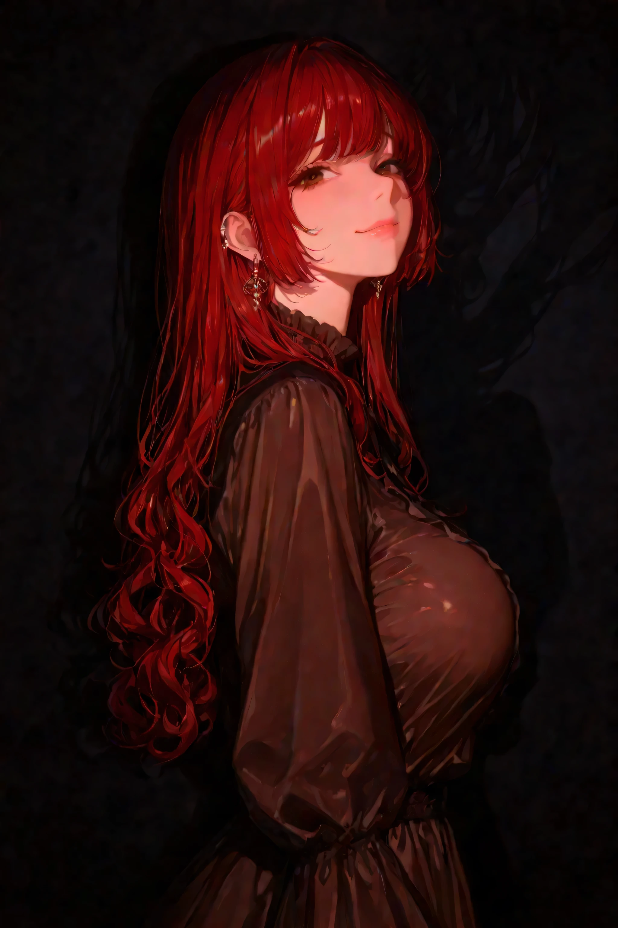 masterpiece, Better quality, amazing quality, Very aesthetic, high resolution, ultra-detailed, absurdress, newest, 1 maiden, hime haircut, long hair, Sad smile, looks at the viewer, Sharp shadow, cinematic lighting, Volumetric Lighting, Redhead, looking from the side, disdainful, brown eyes, long wavy hair, brown shirt with ruffles, plump lips, earrings, rings, large breasts