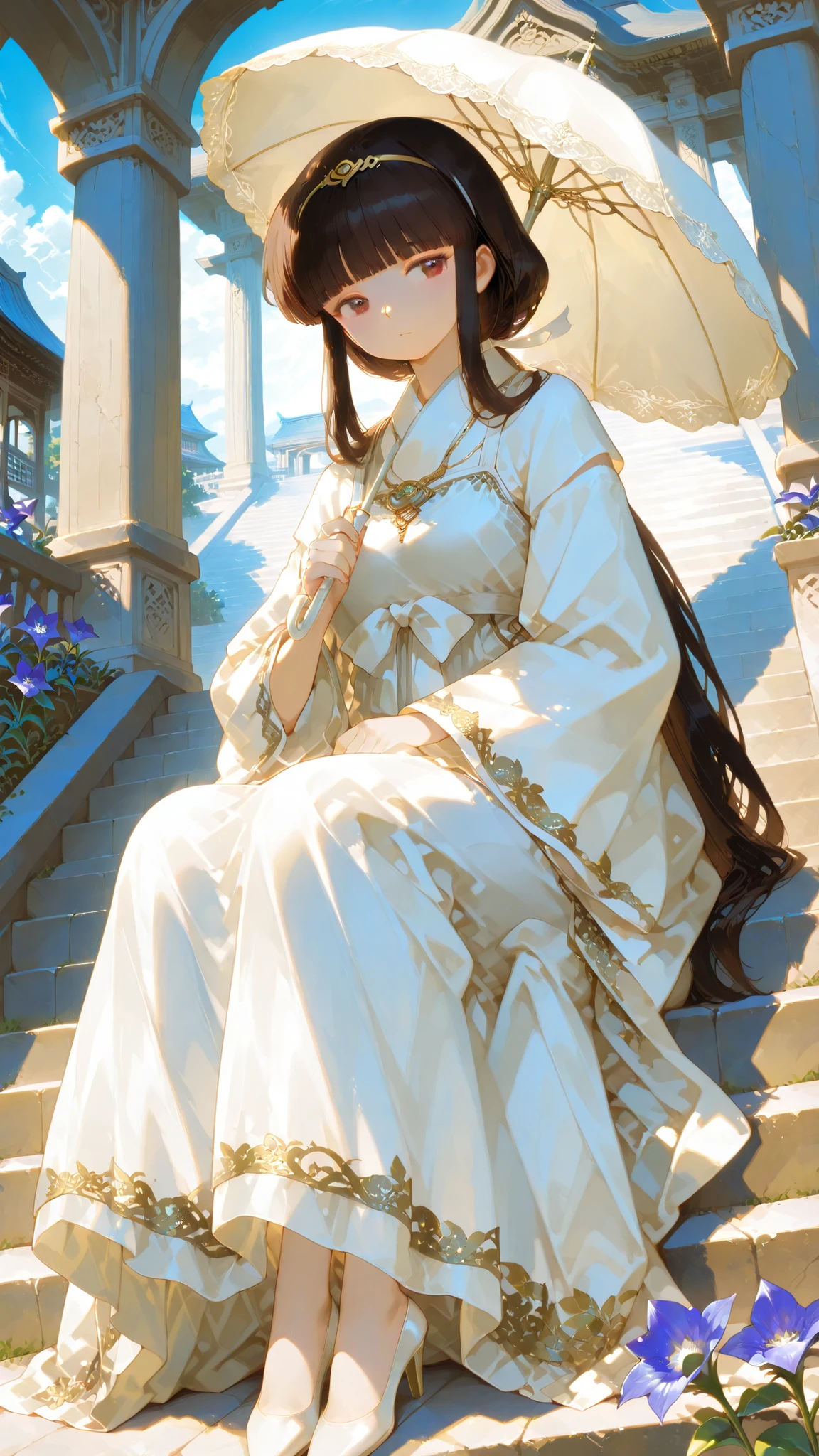 long hair,  blunt bangs , temple, Ji Qie,,Hairband, long hair,  blunt bangs , temple, Low Ponytail,, bellflower dog, brunette, Brown eyes,,Outstanding Works,Slightly realistic, Excellent quality, light and shadow, 超high resolution, high resolution,anime style，Amazing quality. Very beautiful..**A young woman with long, flowing black hair adorned with golden ornaments sits gracefully on the stone steps. She holds an ornate parasol aloft, providing shade from the ethereal light streaming through the grand cathedral-like arches. Her costume was a striking blend of gothic and elegance, featuring a deep-coloured, flowing dress decorated with intricate gold motifs and lace detailing. The gown's high neckline and wide sleeves gave it an air of opulence. Her pale complexion enhances her mysterious appearance, which is further emphasised by her sharp red eyes gazing downwards with a serene expression. She wears silver jewellery, and her high heels glisten in the sunlight, adding a touch of modernity to the whole. The background is filled with old stone pillars and a blue flower, creating a mysterious atmosphere reminiscent of an enchanted garden. The overall atmosphere is one of serene elegance and timeless beauty.