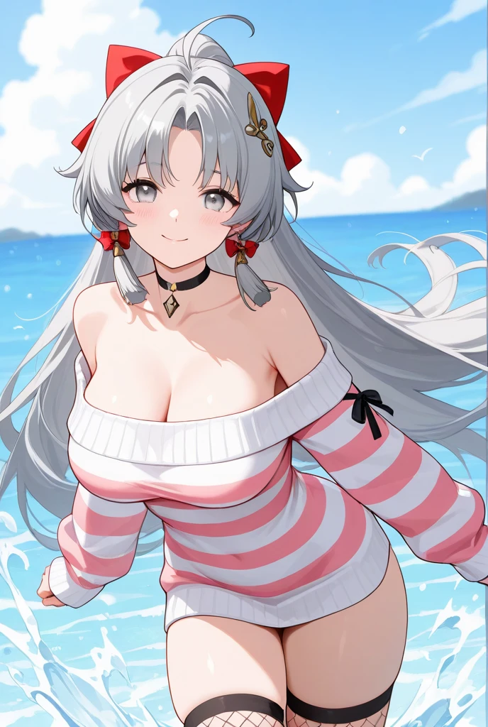 Large Breasts, Cat ear, Gray Hair, One piece swimsuit,High resolution,Anime Style, smile,Blushing,wave hands