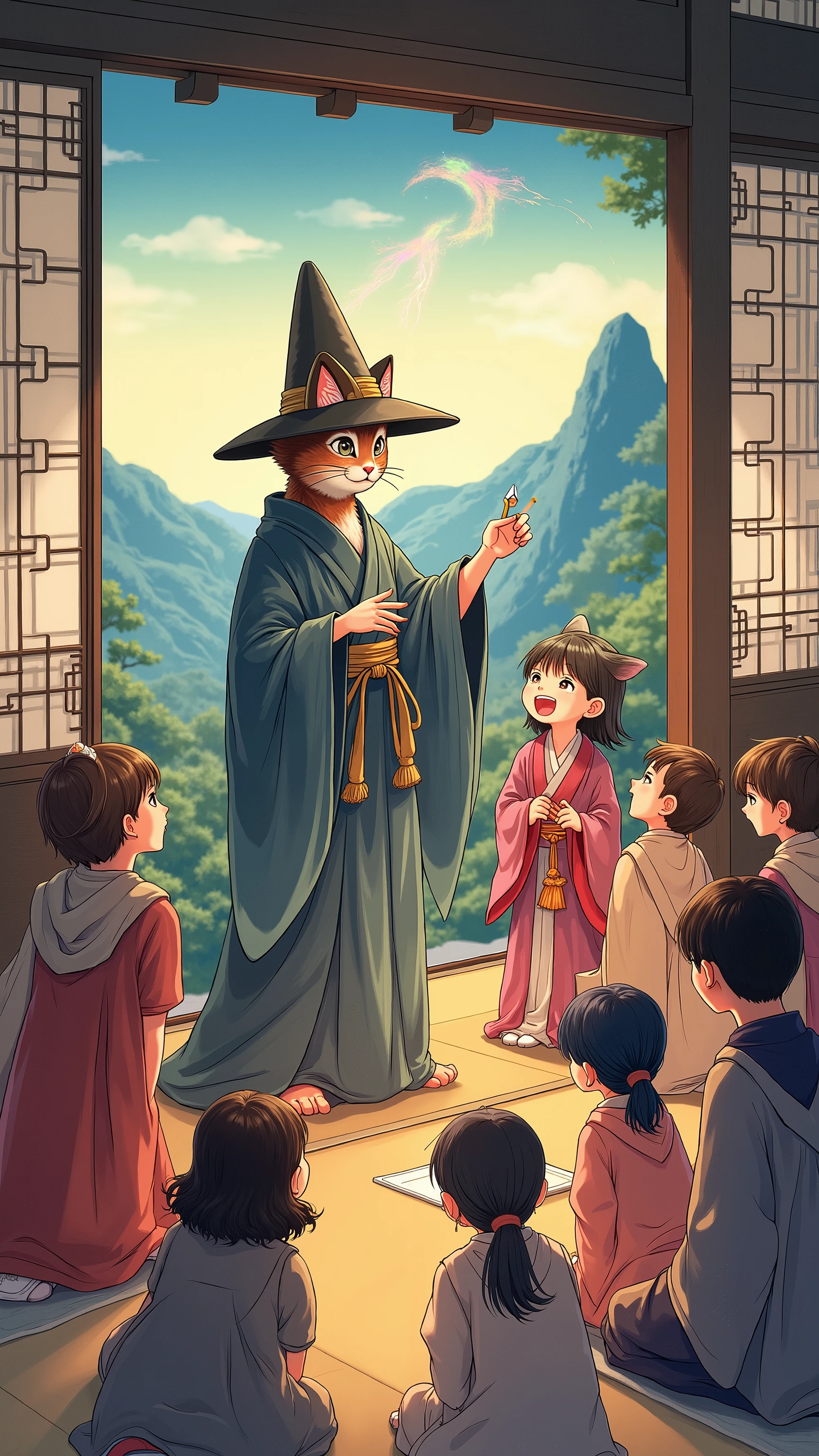 highdefinition image、 Ukiyo-e、cat 魔法の先生teaches magic at Terakoya、Human children are also overjoyed、