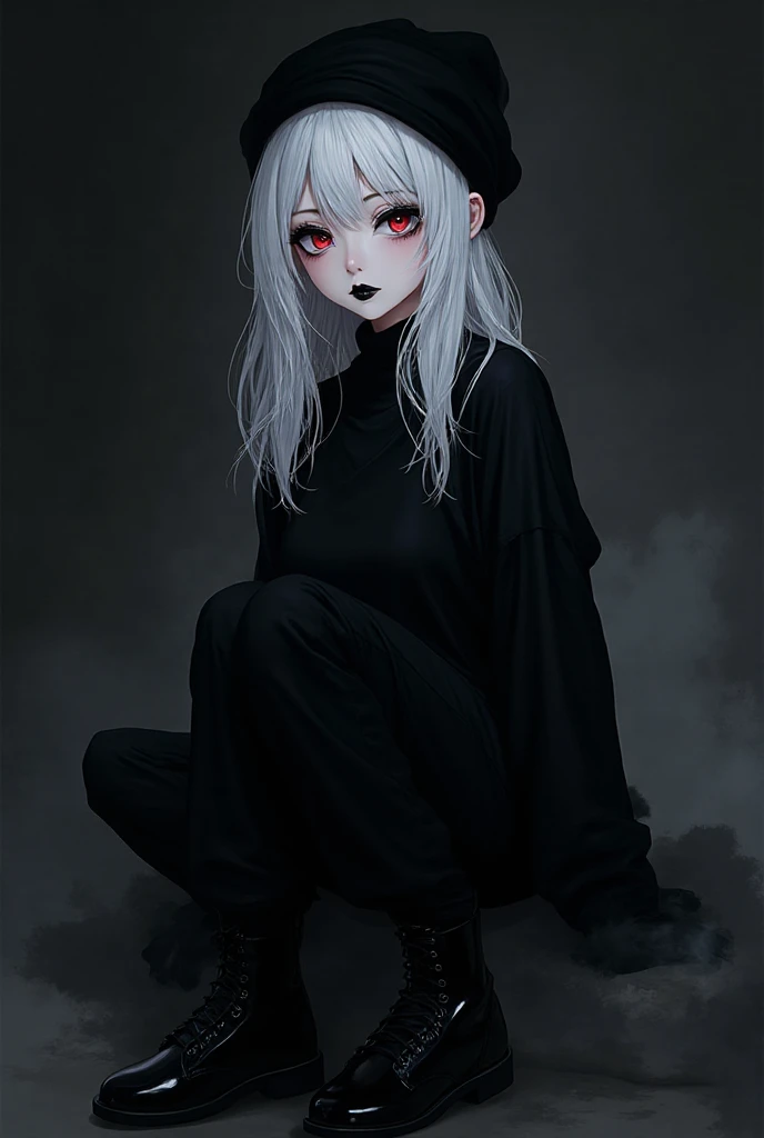 sitting on the floor, pernas cruzadas, simple lighting, maquiagem, mascara, Lips are soft or colored, fundo preto simples, minimalismo, monotone, paletas de cores simples, limpo, Crisp drawings, silhuetas fluidas, lo gothic , half pants, vestir preto, witch hat, Saia, Asymmetric, geometric, roupas pretas, vestir, Simple and minimalist accessories, Necklaces and thin rings in silver or gold, Pulseiras simples, Designs diferentes, silhuetas simples, estilo simples e sofisticado, elegence, minimalismo, materiais de alta qualidade, alta moda, Simplicity and sophistication, vermelho, cor preta, , rosto infantil, pequena, cabelo preto, sentado