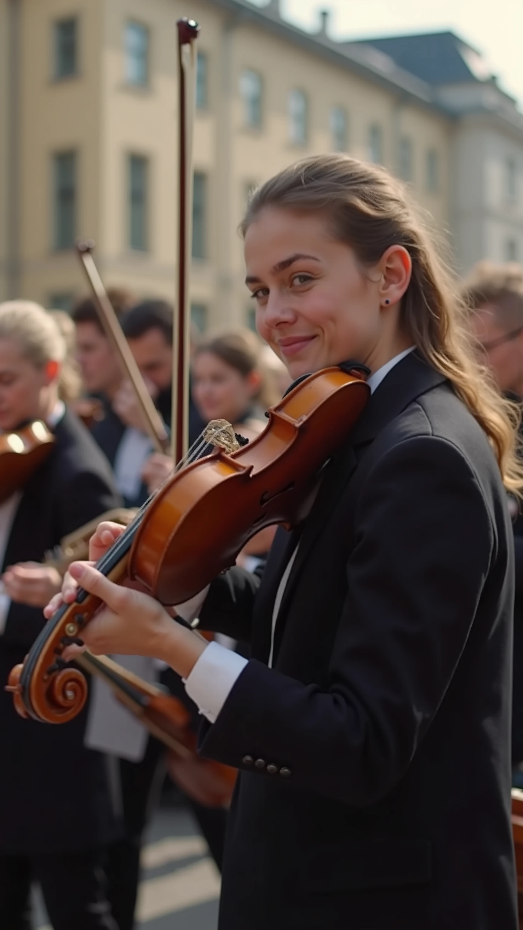 In high-definition video、and the members of the orchestra perform flash mobs、when they gather in Vienna's central square, the audience overflows、violin、trumpet、saxophone、They all have、play Symphony No. 9、with a smile and a fun flash mob unfolds