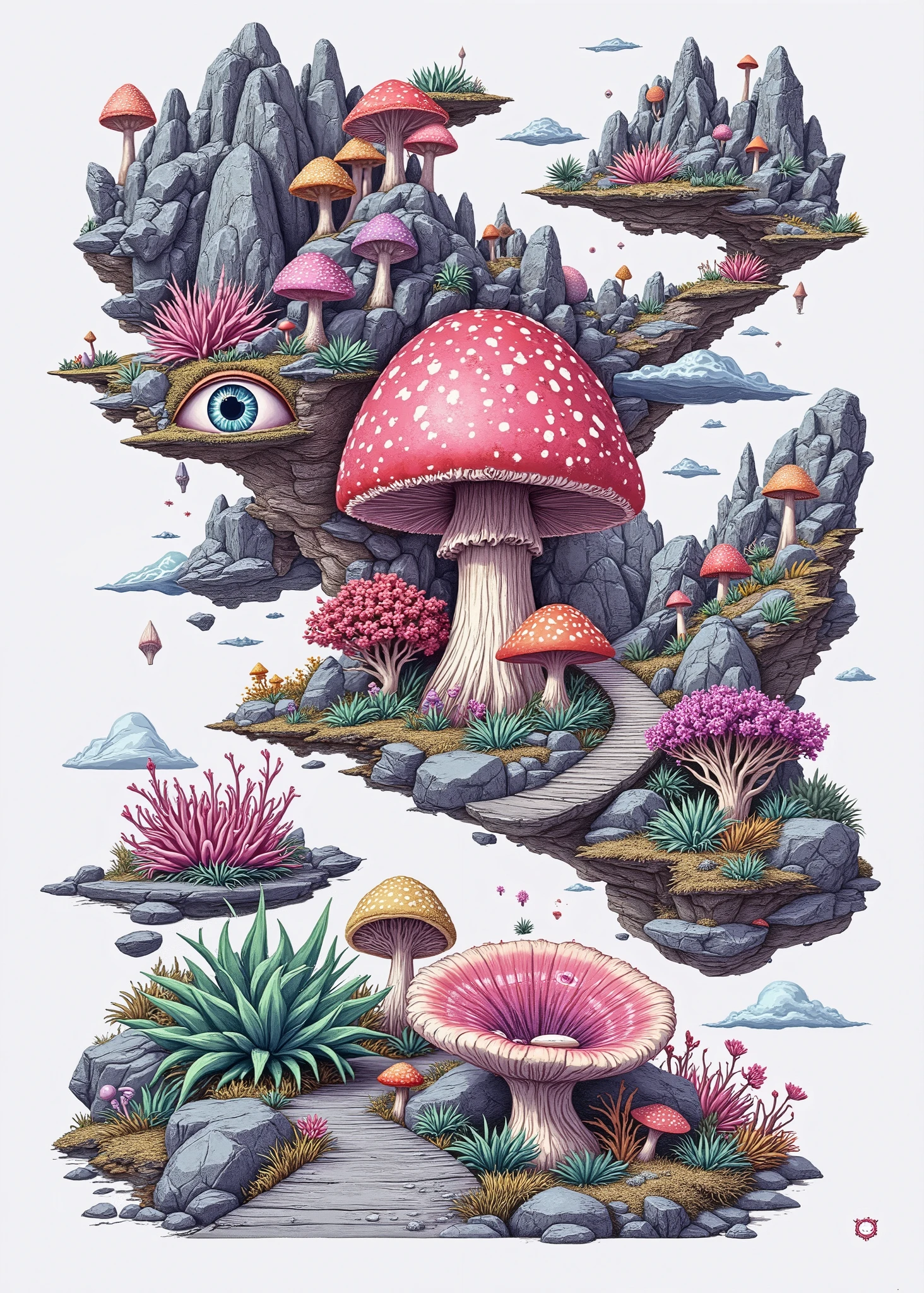 (the best quality)), ((masterpiece)), (detailed), ((Detailed illustration)), Design for t-shirt, chopped view, a path surrounded by rocks, various kinds of giant fungi and giant human eyes (giant mushrooms and giant human eyes between rocks), (the rocks are shaped like rocky mountains, "pointy rocks"), (mushrooms and separate eyes, "Do not combine") (different species of fungi). the path crosses the entire composition from the bottom to the top, integrating naturally with the rocky environment (the lower part being the closest, the upper part the farthest). Intelligent Composition. intricate design, Illustration of mushrooms ""acid colors "", ((psychedelic colors)), (mushrooms with different colors). All elements in the format. ((Smooth light gray background)). ultra detailed, Filter illustration 50s panavision, grainy texture, (Serious image) (fancy, hiking)