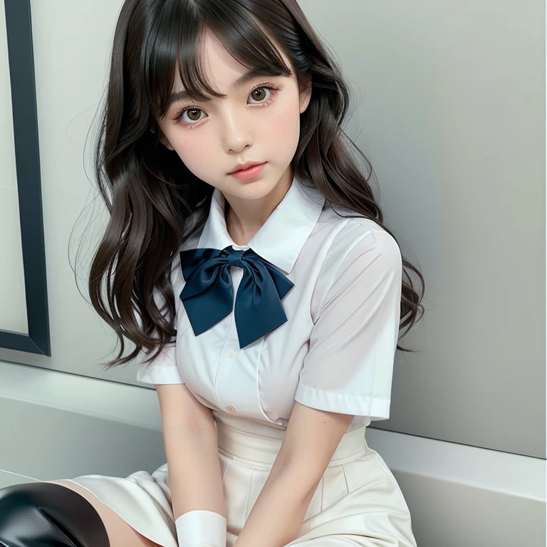 (masterpiece、Highest quality:1.7)、(13 years old:1.5)、(Full body shot:1.5)、Bobcut、Black Hair、85mm、16K、Official Art、RAW Photos、Best Beautiful Faces、Close-up、Violet、Gardenia、The best beautiful girl、very cute、Red blush on cheeks、indoor、(Sit on the couch:1.8)、Film Grain、Chromatic Aberration、Sharp Focus、(((Nice hands、Perfect hands、Perfect Fingers、Thin and delicate fingers、A perfect body without flaws)))、Detailed face、(Slender body:1.5)、(Slender body:1.4)、(Small breasts:1.7)、(Let your bangs hang down:1.8)、(Blushing:1.8)、(Low contrast lighting:1.2)、(White tight business blouse with collar:1.5)、(White bow tie blouse:1.3)、(Long sleeve: 1.3)、(White pleated :1.5)、(White School Socks:1.5)、(Eyes closed:1.5),(Grab your chest with your palms:1.5),(Hands in crotch:1.5)