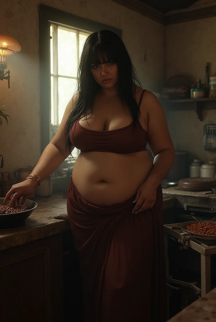 Black Curly hair pale skin ugly fat kurdish woman nude in house consistent cooking in kitchen