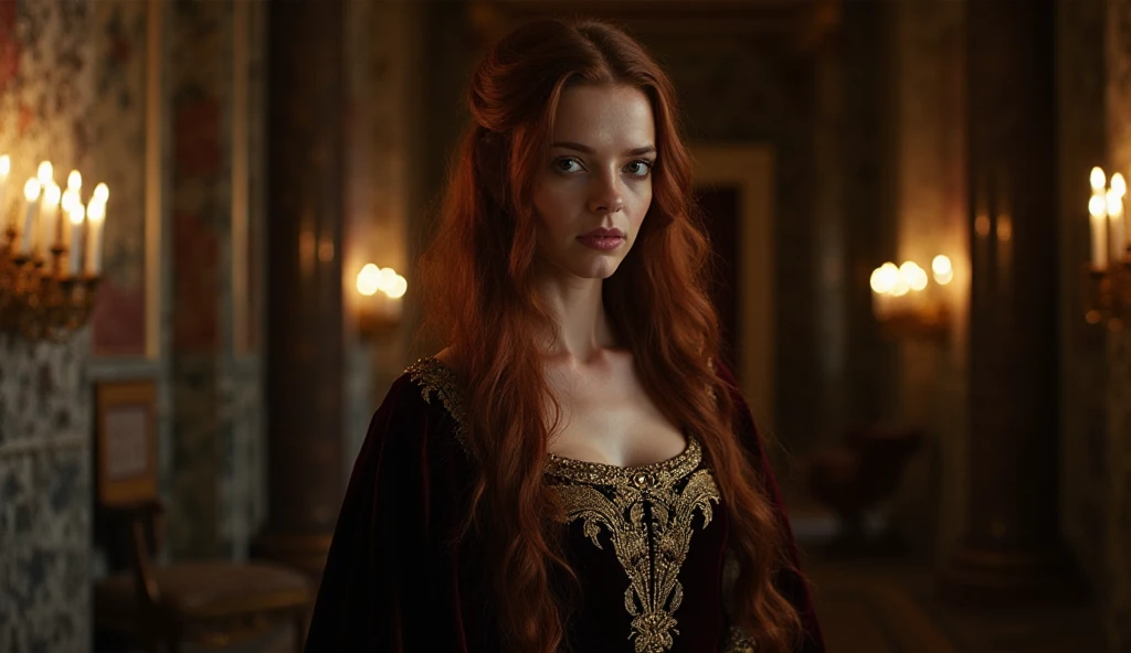 Face of Sophie Turner, Sansa Stark played by Sophie Turner, the de facto Lady of the Eyrie, is a 40-year-old mature queen with a stunning, alluring appearance. Full Face, pierced eyes, reddish lips, upper body shot,  Mediaeval costumes, game of thrones costumes, She wears a Game of Thrones-inspired costume and has a deep cleavage, a perfect thick body, and a perfect thick figure. The photograph captures her in a close-up, with her skin texture and  features being ultra-realistic and realistic. Juicy thick figure, high quality skin, Skin pores, amazing details, snow, snow flakes, semi realistic, extremely detailed eyes, dark moody orange and black settings, cool environment, artificial intelligence