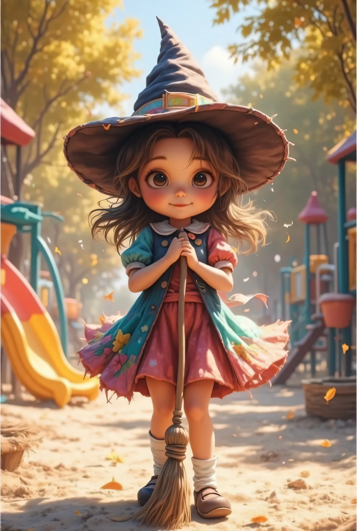 cute little girl dressed as a witch looks silly, stands on the playground, Holds a broom, глупо выглядит,